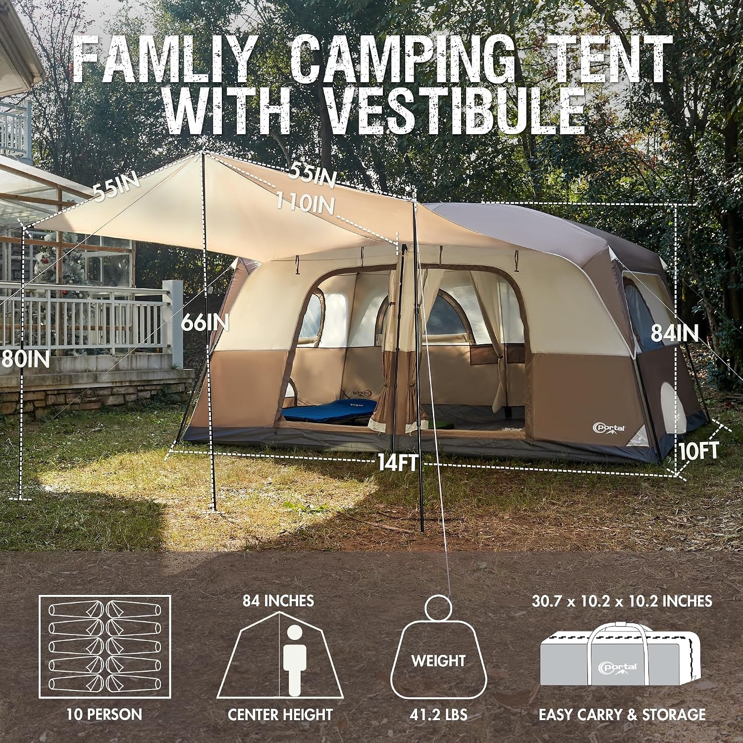 image:imagePORTAL 6 8 10 Person Family Camping Tent with Porch Big Family Camping Tent with Tall Height Good Ventilation Water Resitant Large Tent for Outdoor Camping BackyardBrown
