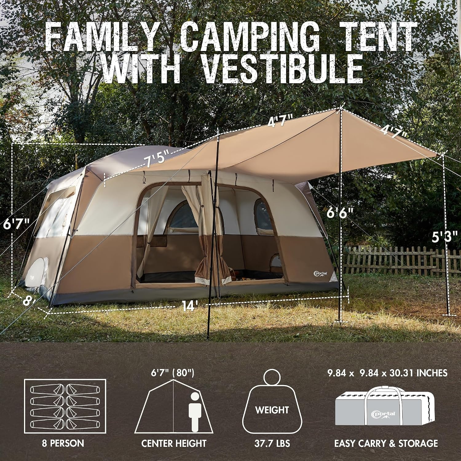 image:imagePORTAL 6 8 10 Person Family Camping Tent with Porch Big Family Camping Tent with Tall Height Good Ventilation Water Resitant Large Tent for Outdoor Camping BackyardBrown