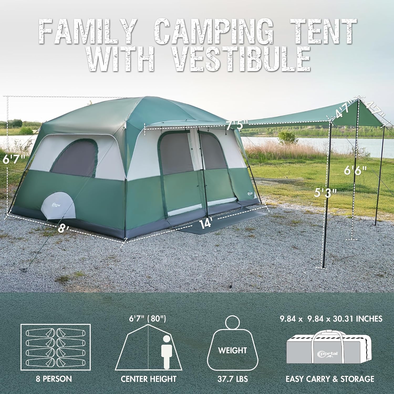 image:imagePORTAL 6 8 10 Person Family Camping Tent with Porch Big Family Camping Tent with Tall Height Good Ventilation Water Resitant Large Tent for Outdoor Camping BackyardGreen