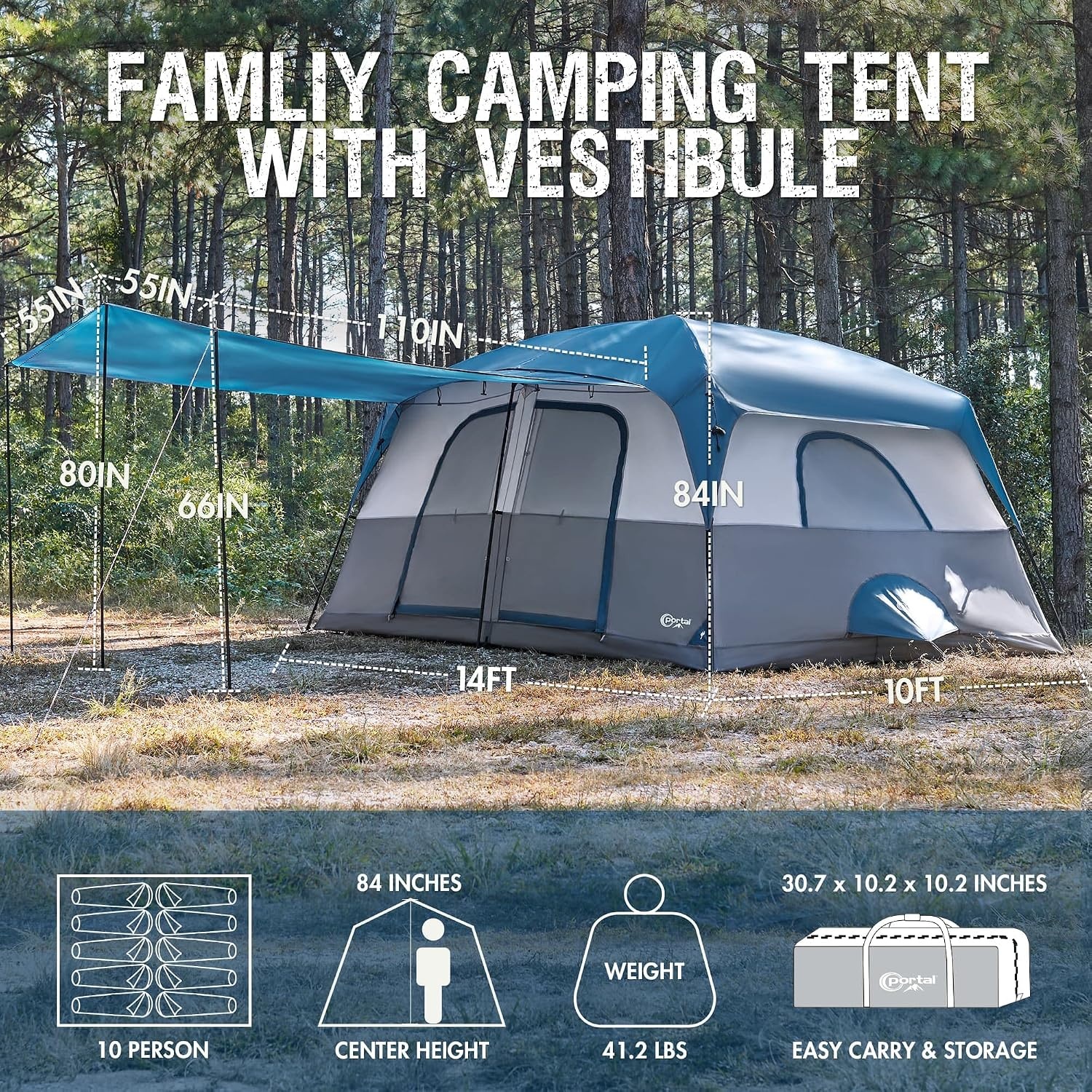 image:imagePORTAL 6 8 10 Person Family Camping Tent with Porch Big Family Camping Tent with Tall Height Good Ventilation Water Resitant Large Tent for Outdoor Camping BackyardBlue