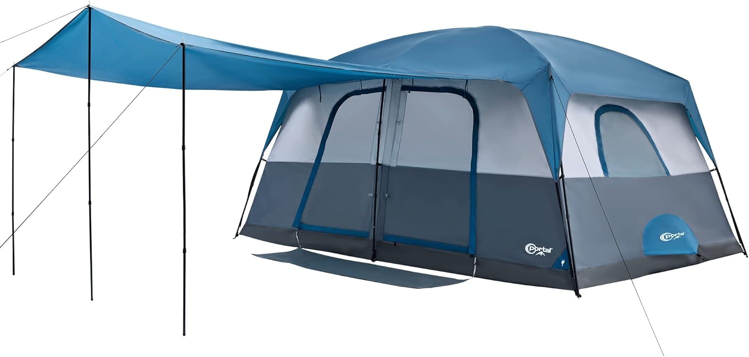 image:imagePORTAL 6 8 10 Person Family Camping Tent with Porch Big Family Camping Tent with Tall Height Good Ventilation Water Resitant Large Tent for Outdoor Camping BackyardBlue