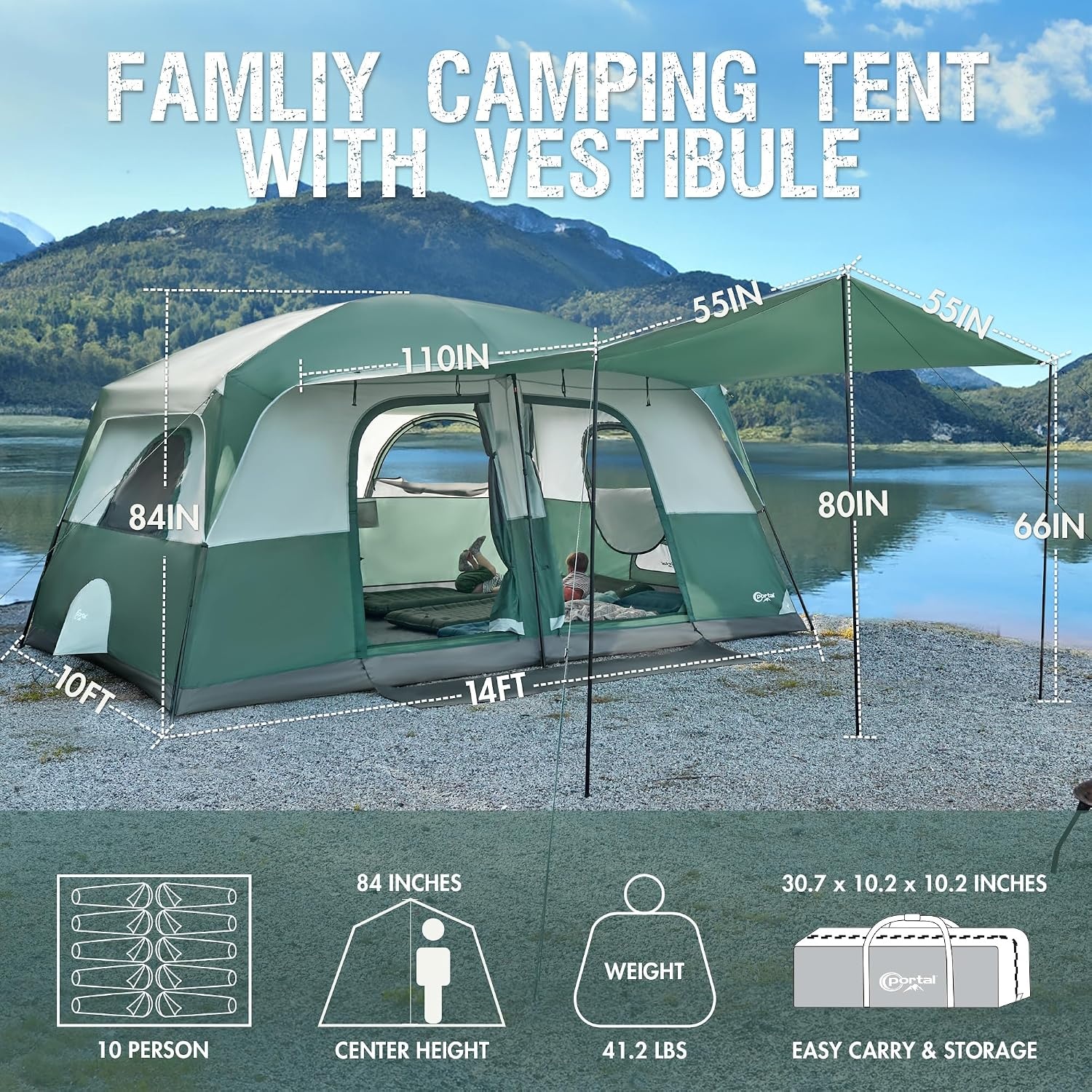 image:imagePORTAL 6 8 10 Person Family Camping Tent with Porch Big Family Camping Tent with Tall Height Good Ventilation Water Resitant Large Tent for Outdoor Camping BackyardGreen