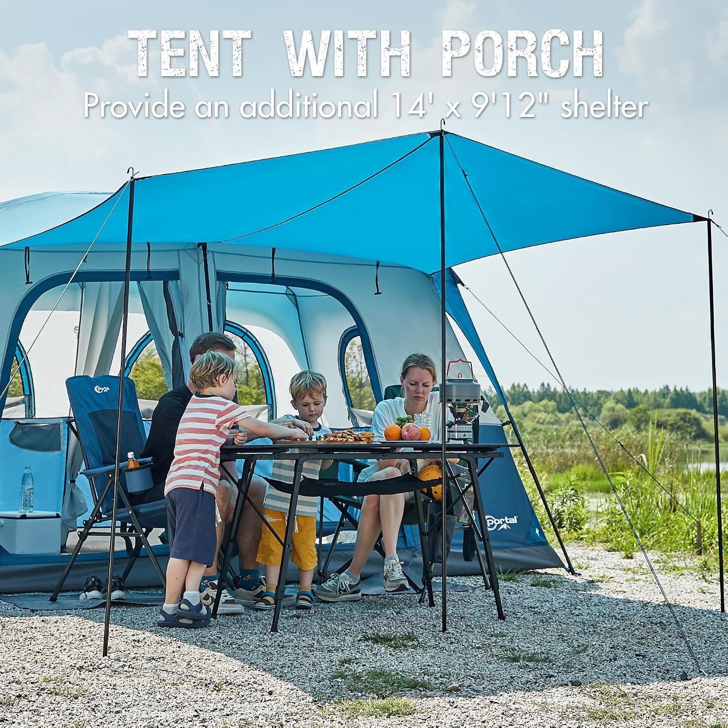 image:imagePORTAL 6 8 10 Person Family Camping Tent with Porch Big Family Camping Tent with Tall Height Good Ventilation Water Resitant Large Tent for Outdoor Camping BackyardBlue