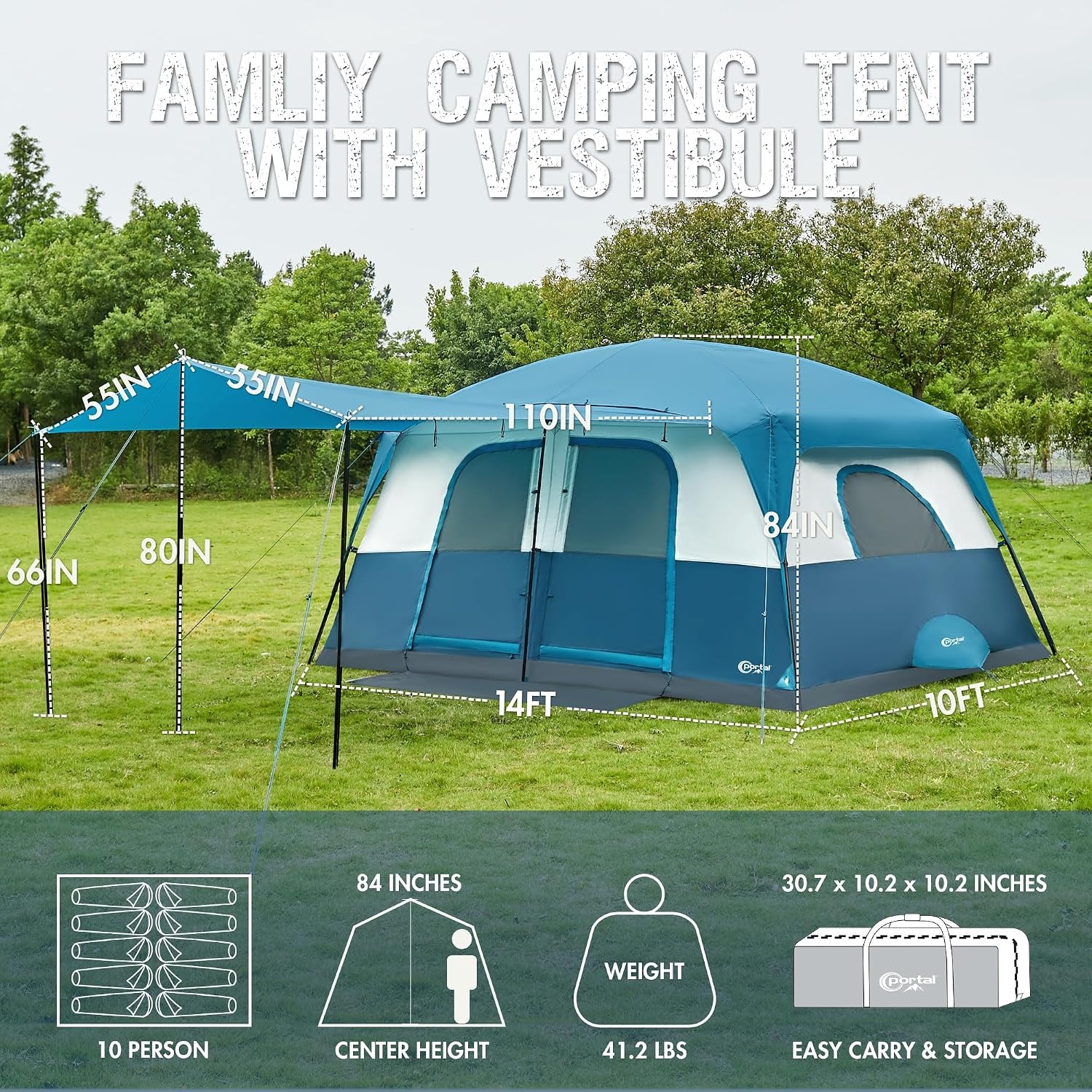 image:imagePORTAL 6 8 10 Person Family Camping Tent with Porch Big Family Camping Tent with Tall Height Good Ventilation Water Resitant Large Tent for Outdoor Camping BackyardDeep Blue