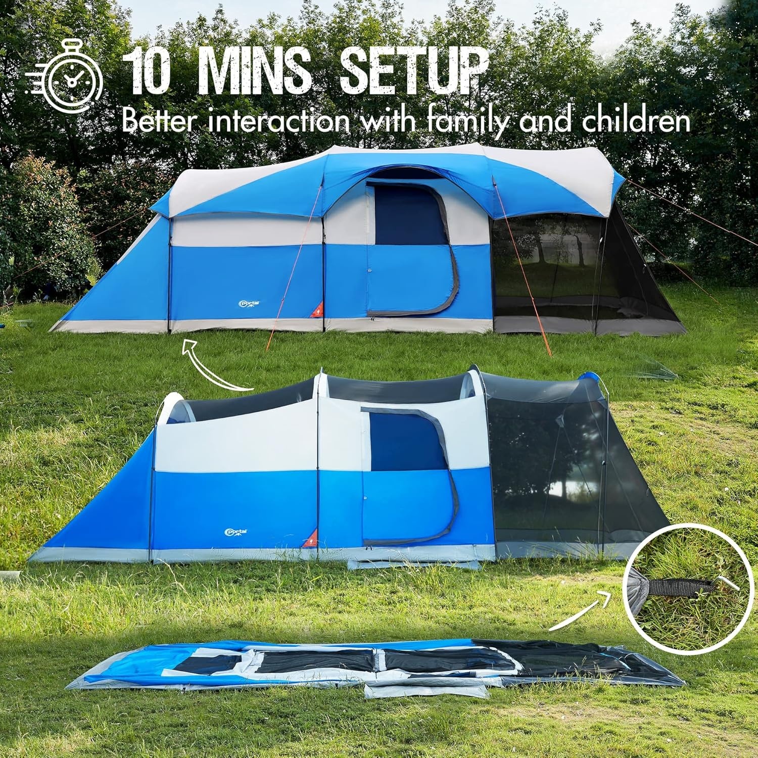 image:imagePORTAL 8 Person Family Camping Tent with Screen Porch Portable Waterproof Windproof Cabin Tent with Rainfly Carry Bag for Family Camping Outdoor Hiking