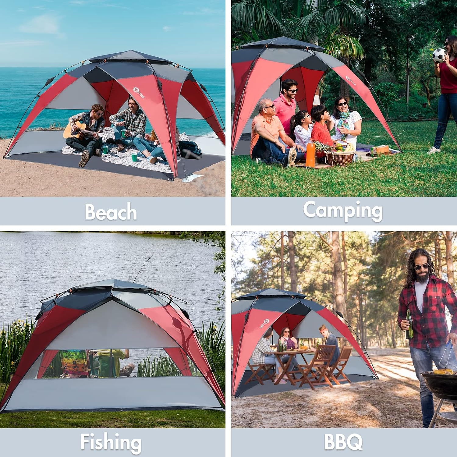 image:imagePORTAL POP Up Beach Tent 24 Person UPF50 Beach Tent Sun Shelter Open Front UmbrellaStyle Setup Mesh Windows Instant Sun Shelter with Carry Bag RedGrey