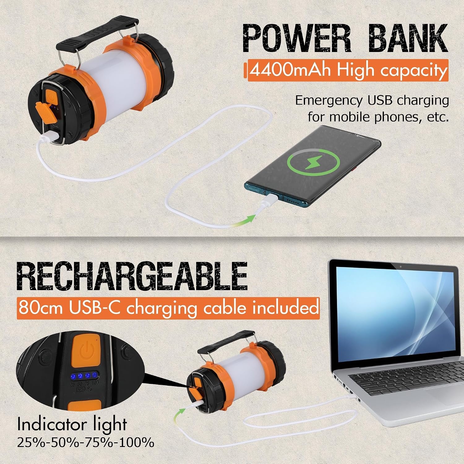 image:imagePORTAL Camping Lantern Rechargeable Portable LED Flashlight Lantern Camping Light for Power Outages Emergency Outdoor Hiking Hurricane Survival 2in1500LM 4400mAh