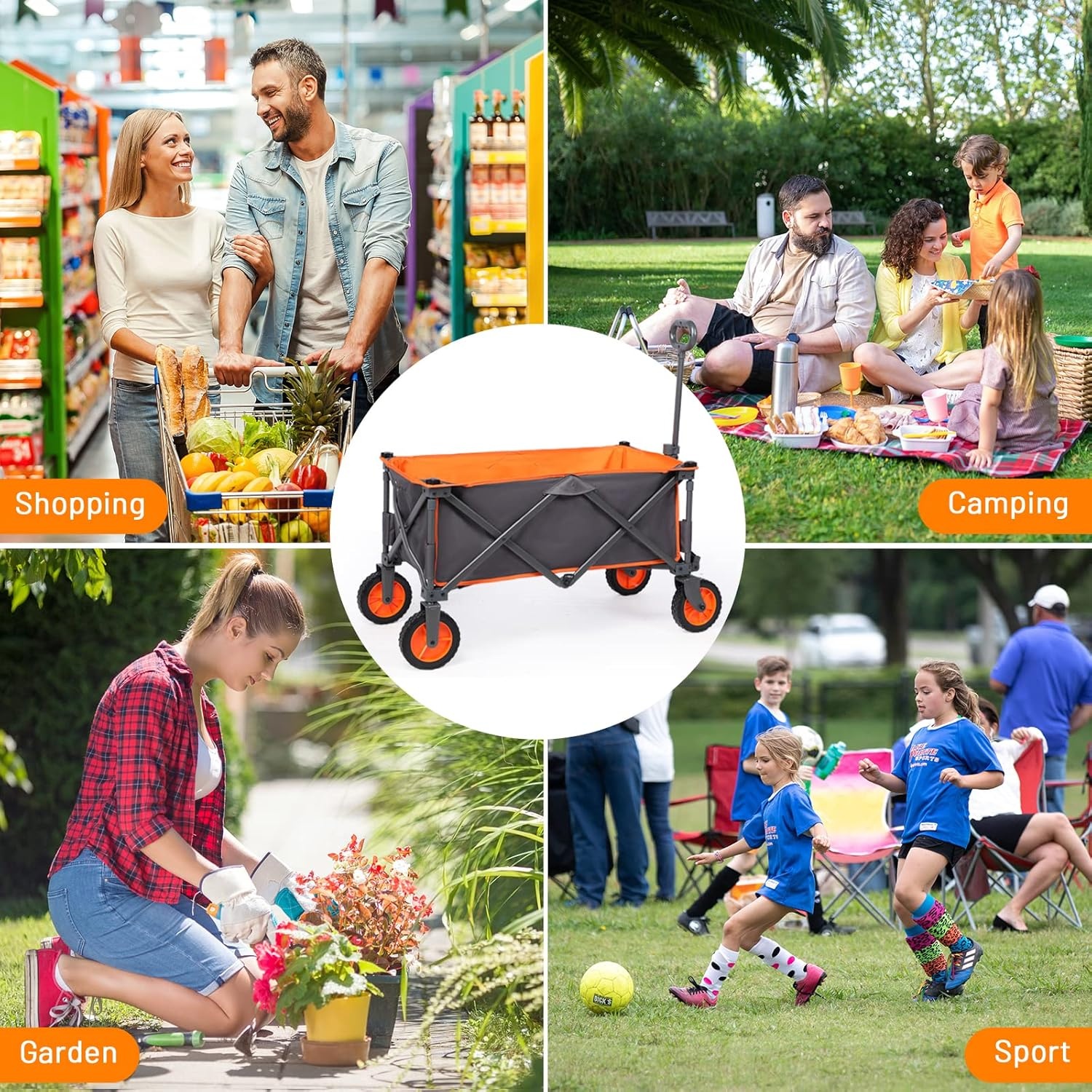image:imagePORTAL Collapsible Folding Wagon Push Pull Foldable Beach Wagon Cart with AllTerrain Wheels Heavy Duty Utility Grocery Wagon for Outdoor Camping Garden Sport Shopping Holds 225 lbs GreyOrangeDark Grey