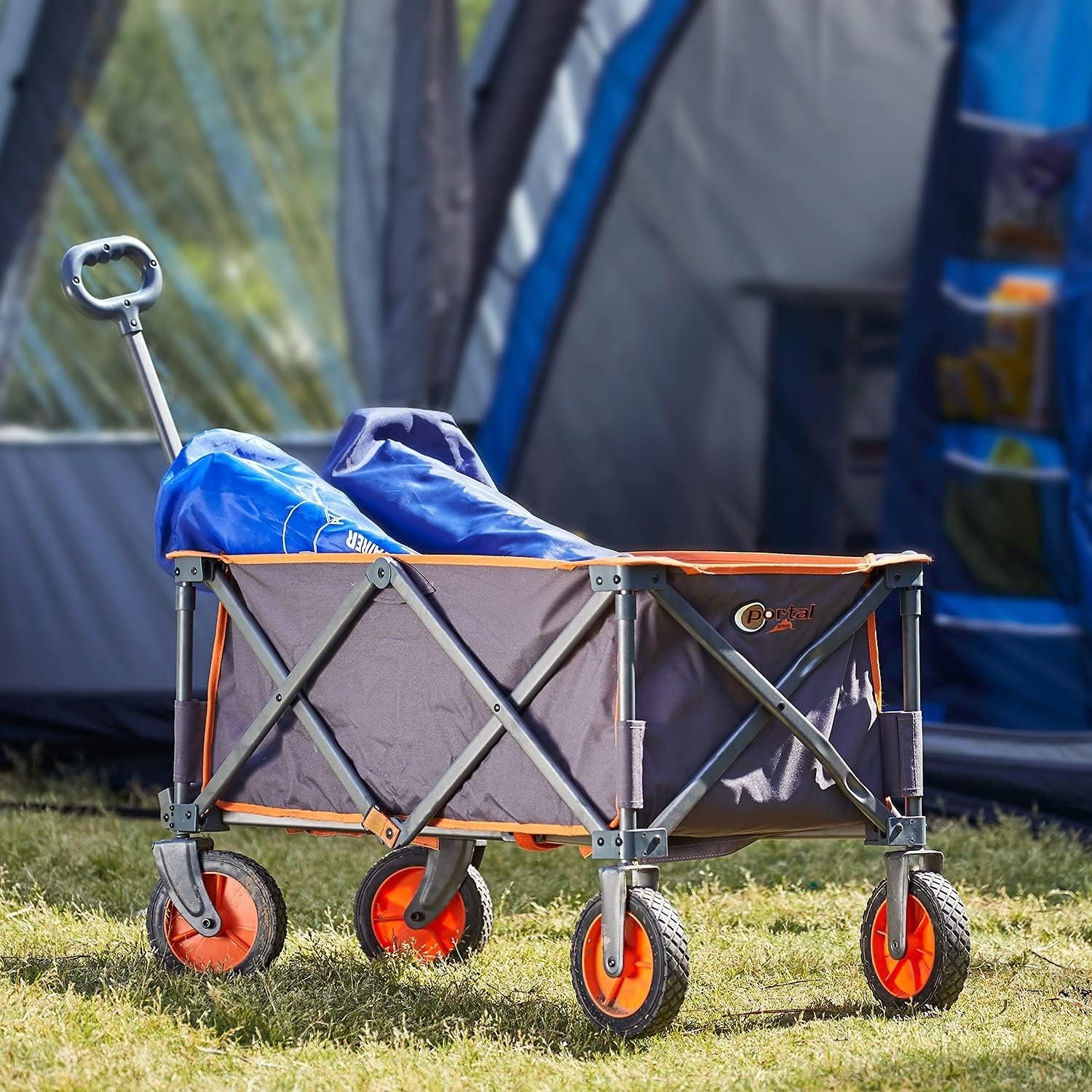 image:imagePORTAL Collapsible Folding Wagon Push Pull Foldable Beach Wagon Cart with AllTerrain Wheels Heavy Duty Utility Grocery Wagon for Outdoor Camping Garden Sport Shopping Holds 225 lbs GreyOrangeDark Grey