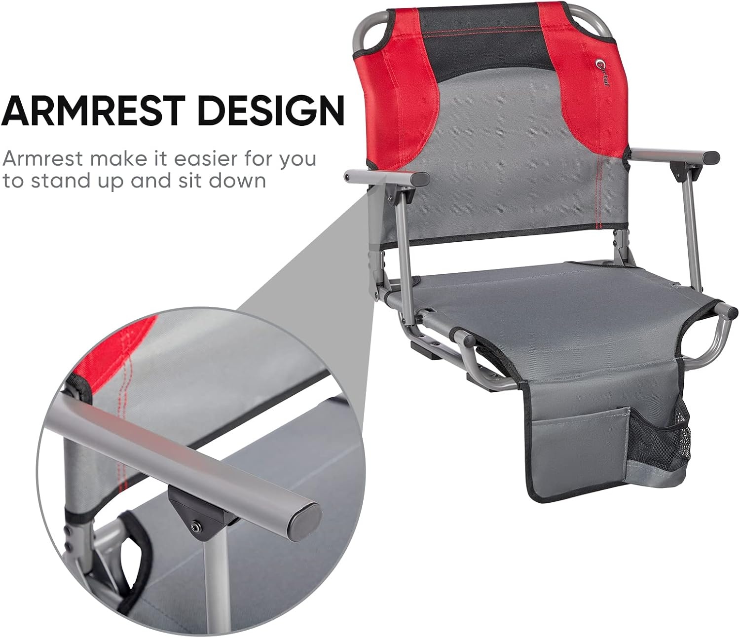image:imagePORTAL Folding Cup Holder Armrest Stadium Seats for Adults Foldable Portable Stadium Seats Bleachers Benches Chair with Back Support and Cushion Wide GreyRedBlack
