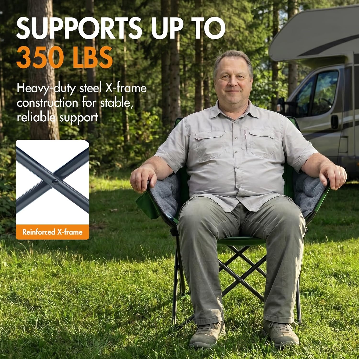 image:imagePortal 32 Oversized Camping Chair Foldable Heavy Duty 350 lb Padded Ergonomic Seat for Big amp Tall Adults PinchFree Extra Wide Design Featuring Cup Holder amp Carry Bag for Fishing Lawn amp SidelinesGreen