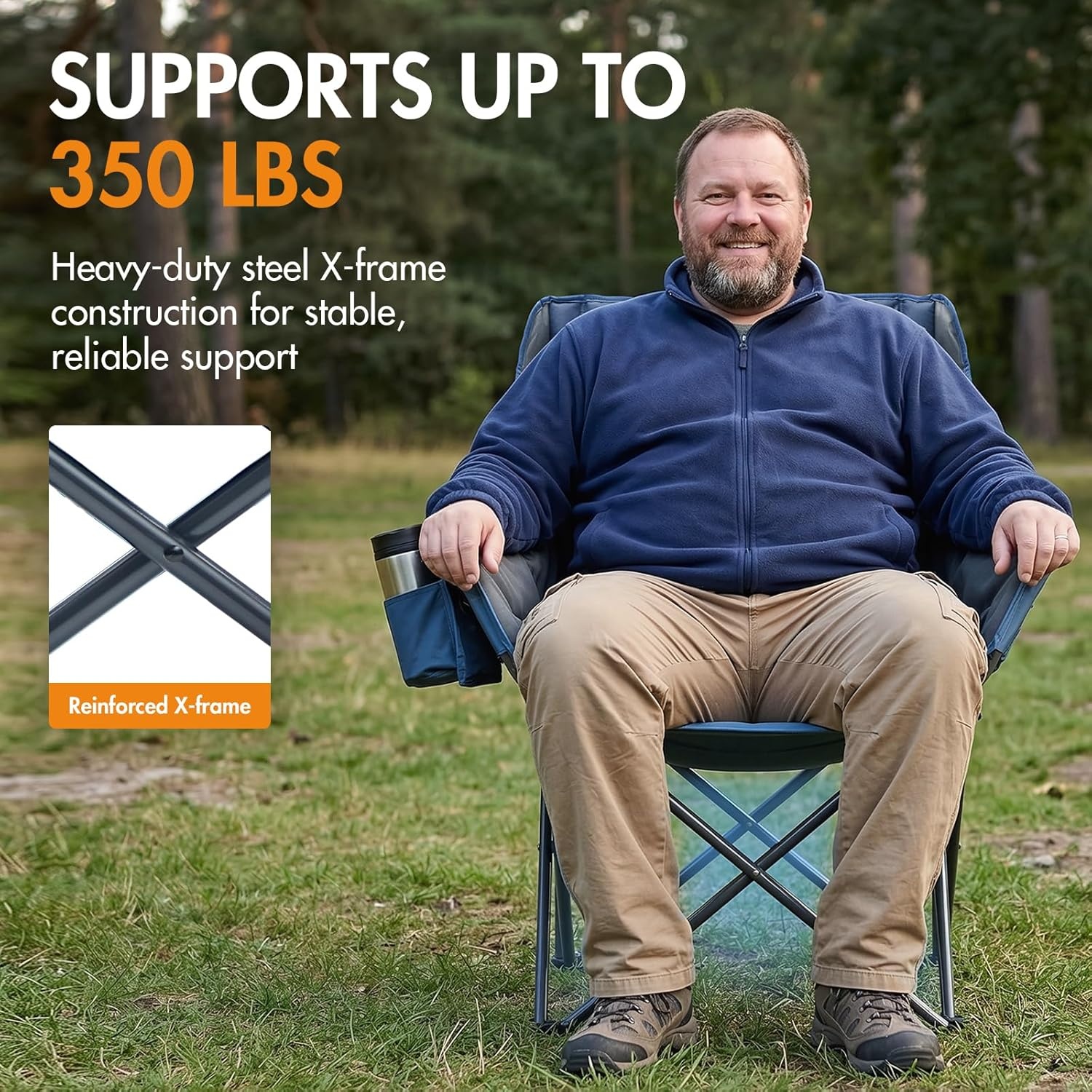 image:imagePortal 32 Oversized Camping Chair Foldable Heavy Duty 350 lb Padded Ergonomic Seat for Big amp Tall Adults PinchFree Extra Wide Design Featuring Cup Holder amp Carry Bag for Fishing Lawn amp SidelinesBlue