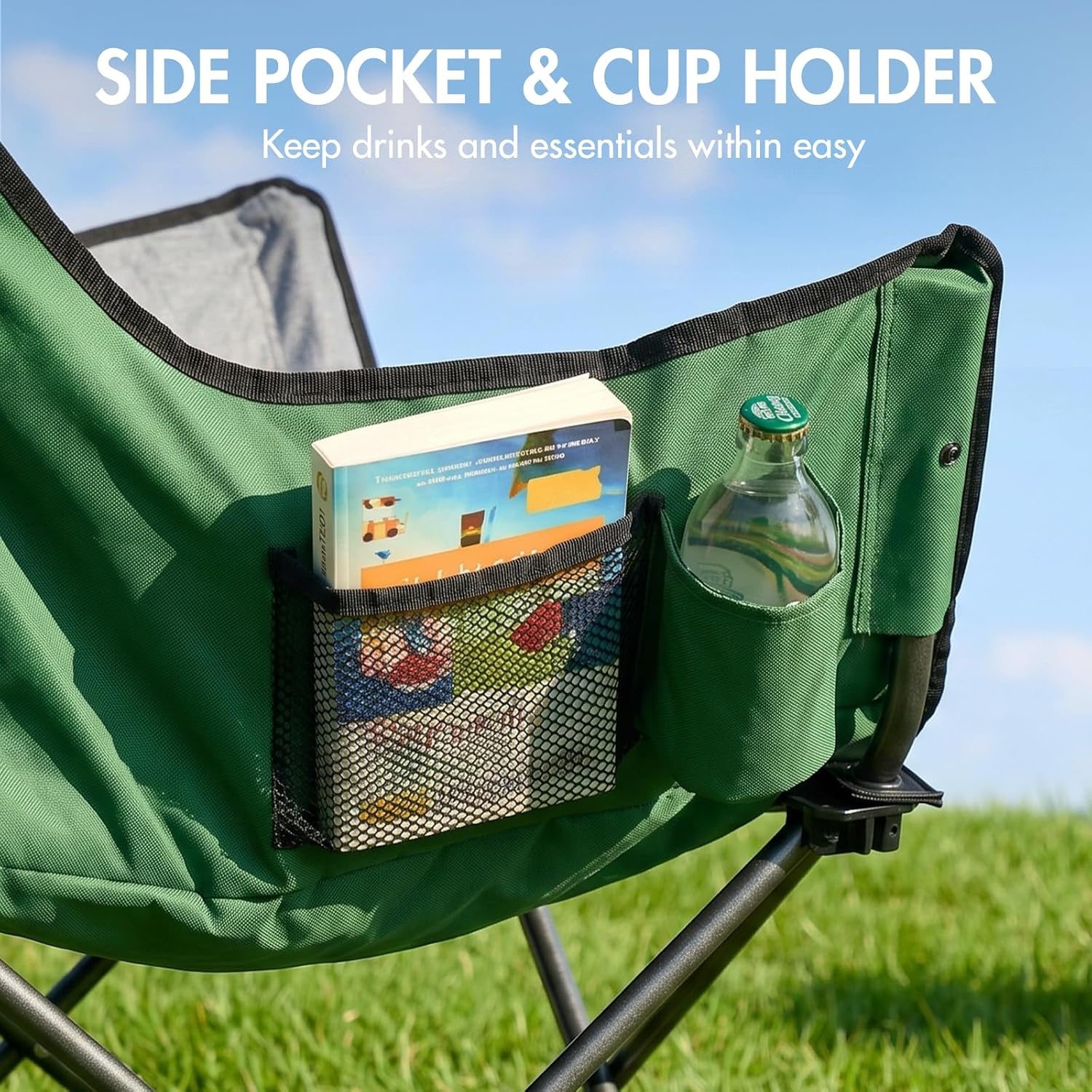 image:imagePortal 32 Oversized Camping Chair Foldable Heavy Duty 350 lb Padded Ergonomic Seat for Big amp Tall Adults PinchFree Extra Wide Design Featuring Cup Holder amp Carry Bag for Fishing Lawn amp SidelinesGreen