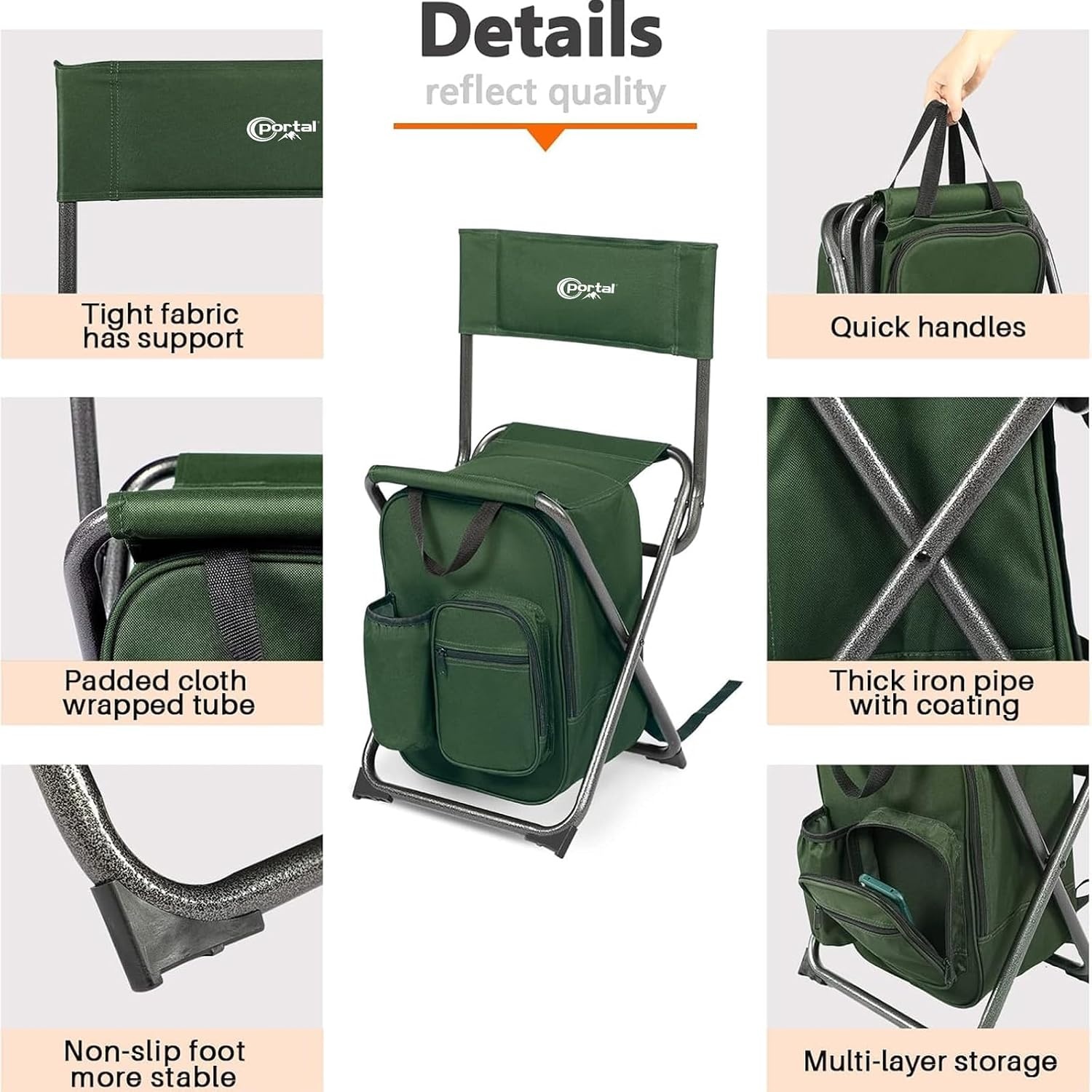image:imagePortal Backpack Cooler Chair 2 Pack Fishing Chairs with Backrest Folding Camping Stool Compact for Outdoors Hiking Hunting Travel Supports 225 lbs Capacity2 Packgreen