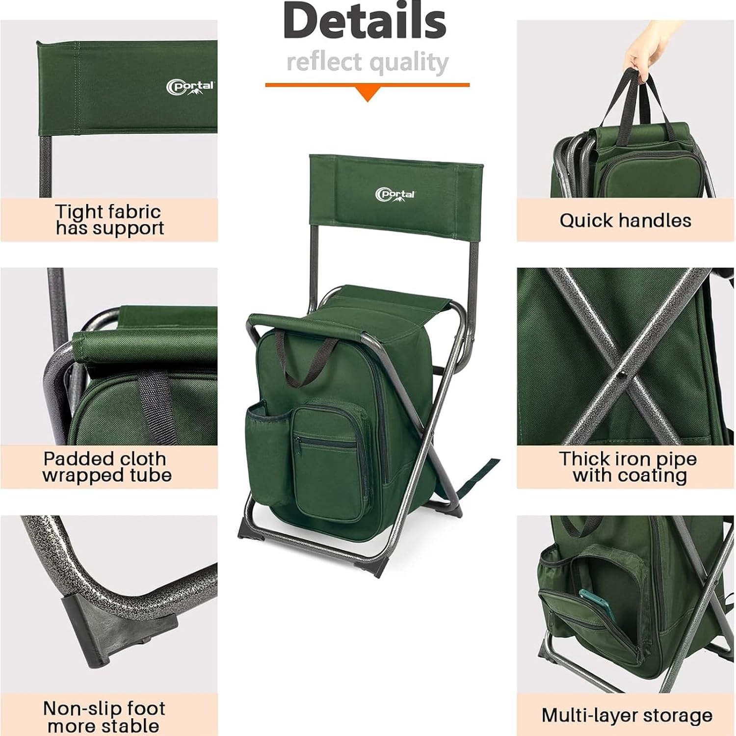 image:imagePortal Backpack Cooler Chair 2 Pack Fishing Chairs with Backrest Folding Camping Stool Compact for Outdoors Hiking Hunting Travel Supports 225 lbs CapacityGreen