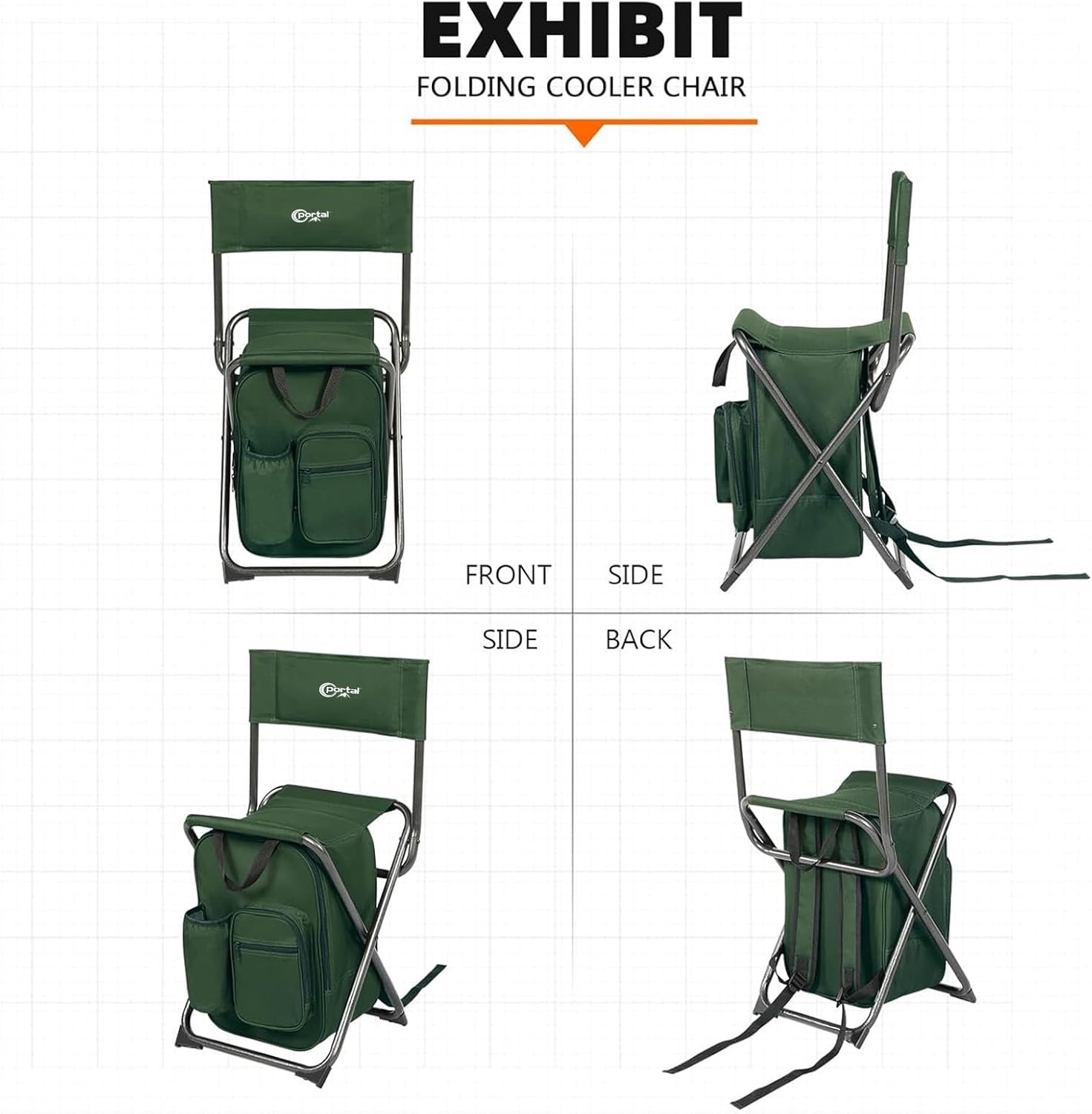 image:imagePortal Backpack Cooler Chair 2 Pack Fishing Chairs with Backrest Folding Camping Stool Compact for Outdoors Hiking Hunting Travel Supports 225 lbs CapacityGreen