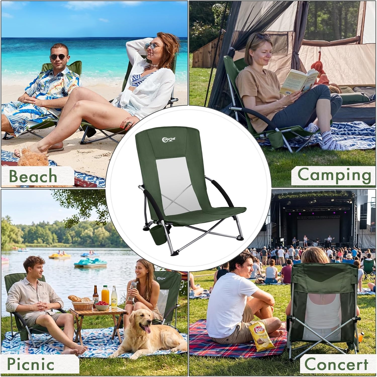 image:imagePortal Beach Chairs for Adults Camping Low Lightweight Portable Chair with Cup Holder Mesh Back Carry Bag for Outdoor Sand Lawn Travel Picnic Festival ConcertGreen