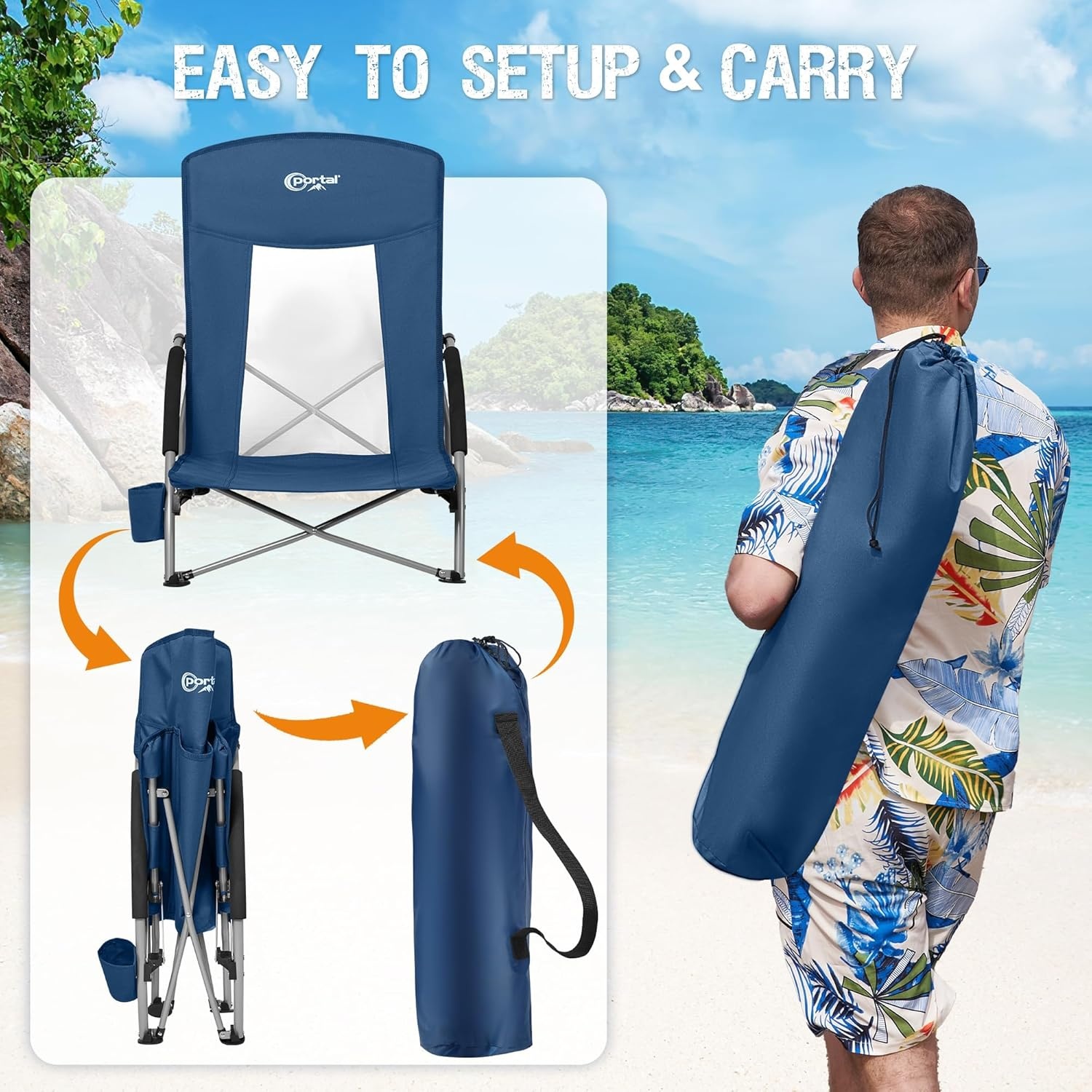 image:imagePortal Beach Chairs for Adults Camping Low Lightweight Portable Chair with Cup Holder Mesh Back Carry Bag for Outdoor Sand Lawn Travel Picnic Festival ConcertNavy Blue