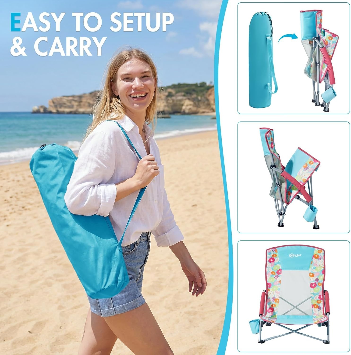 image:imagePortal Beach Chairs for Adults Camping Low Lightweight Portable Chair with Cup Holder Mesh Back Carry Bag for Outdoor Sand Lawn Travel Picnic Festival ConcertFloral1 Pck
