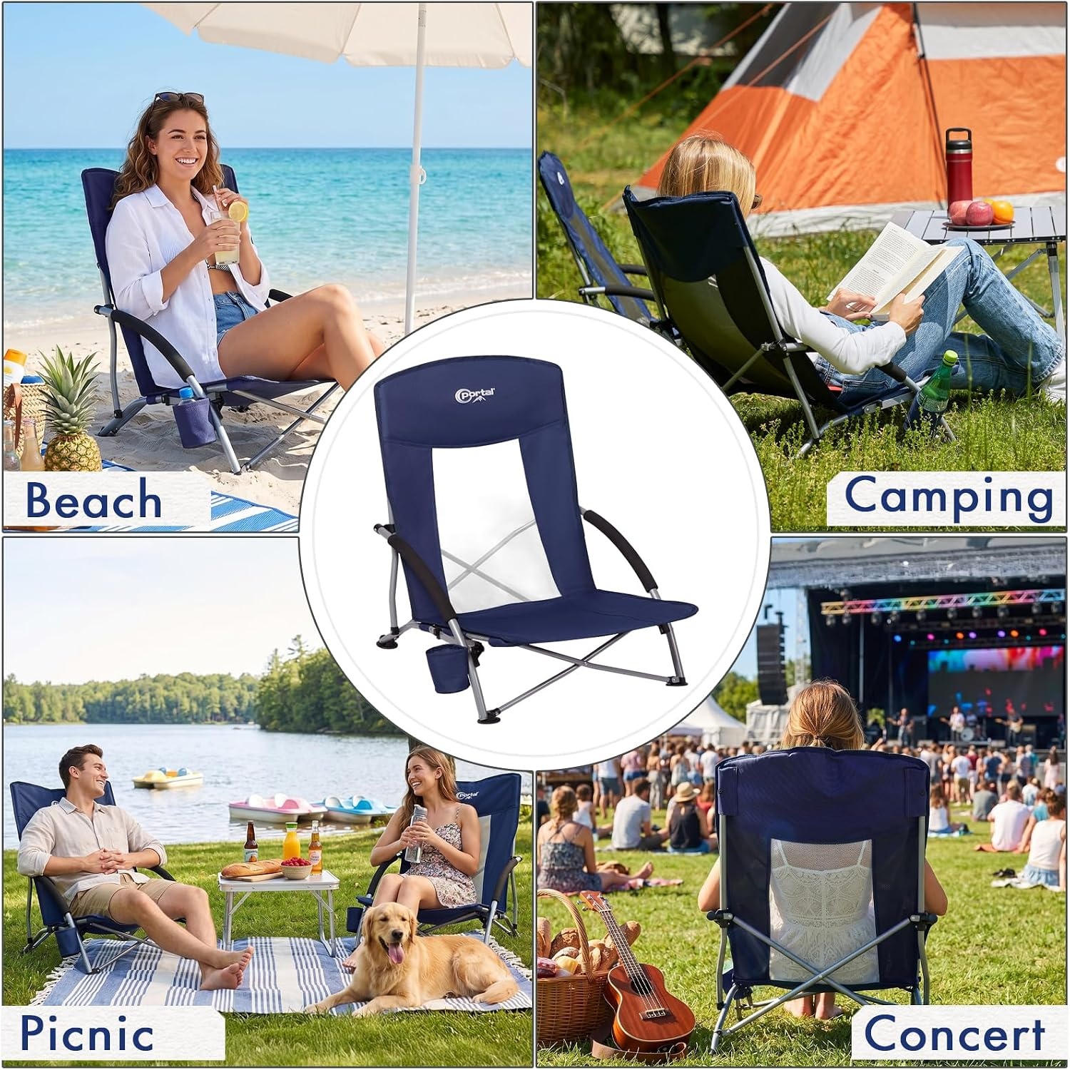 image:imagePortal Beach Chairs for Adults Camping Low Lightweight Portable Chair with Cup Holder Mesh Back Carry Bag for Outdoor Sand Lawn Travel Picnic Festival ConcertDeep Blue2 Pck