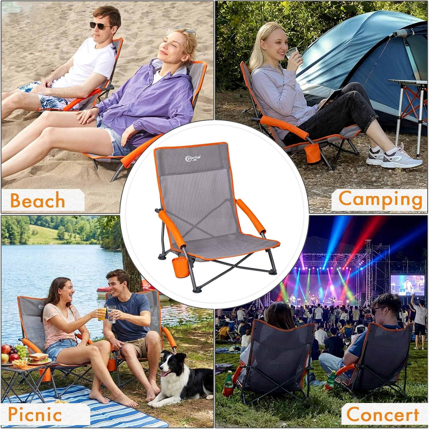 image:imagePortal Beach Chairs for Adults Camping Low Lightweight Portable Chair with Cup Holder Mesh Back Carry Bag for Outdoor Sand Lawn Travel Picnic Festival ConcertTeslin Grey2 Pack