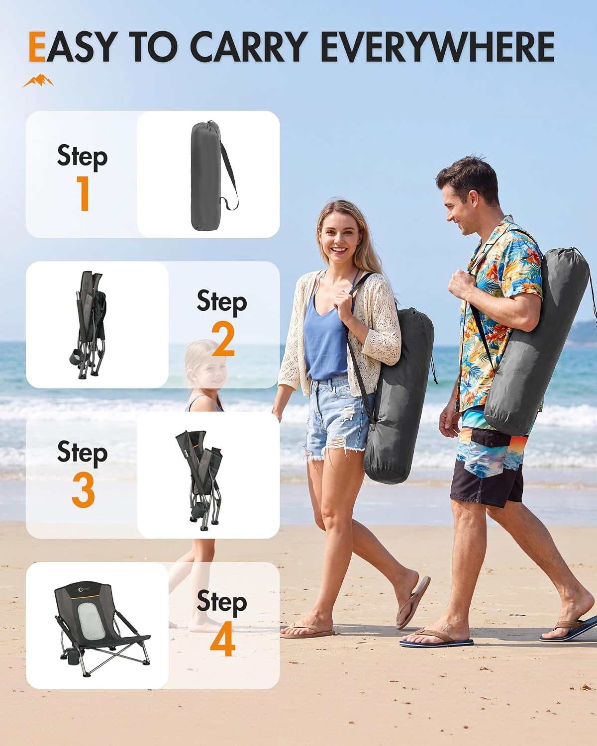 image:imagePortal Beach Chairs for Adults Camping Low Lightweight Portable Chair with Cup Holder Mesh Back Carry Bag for Outdoor Sand Lawn Travel Picnic Festival ConcertBlack