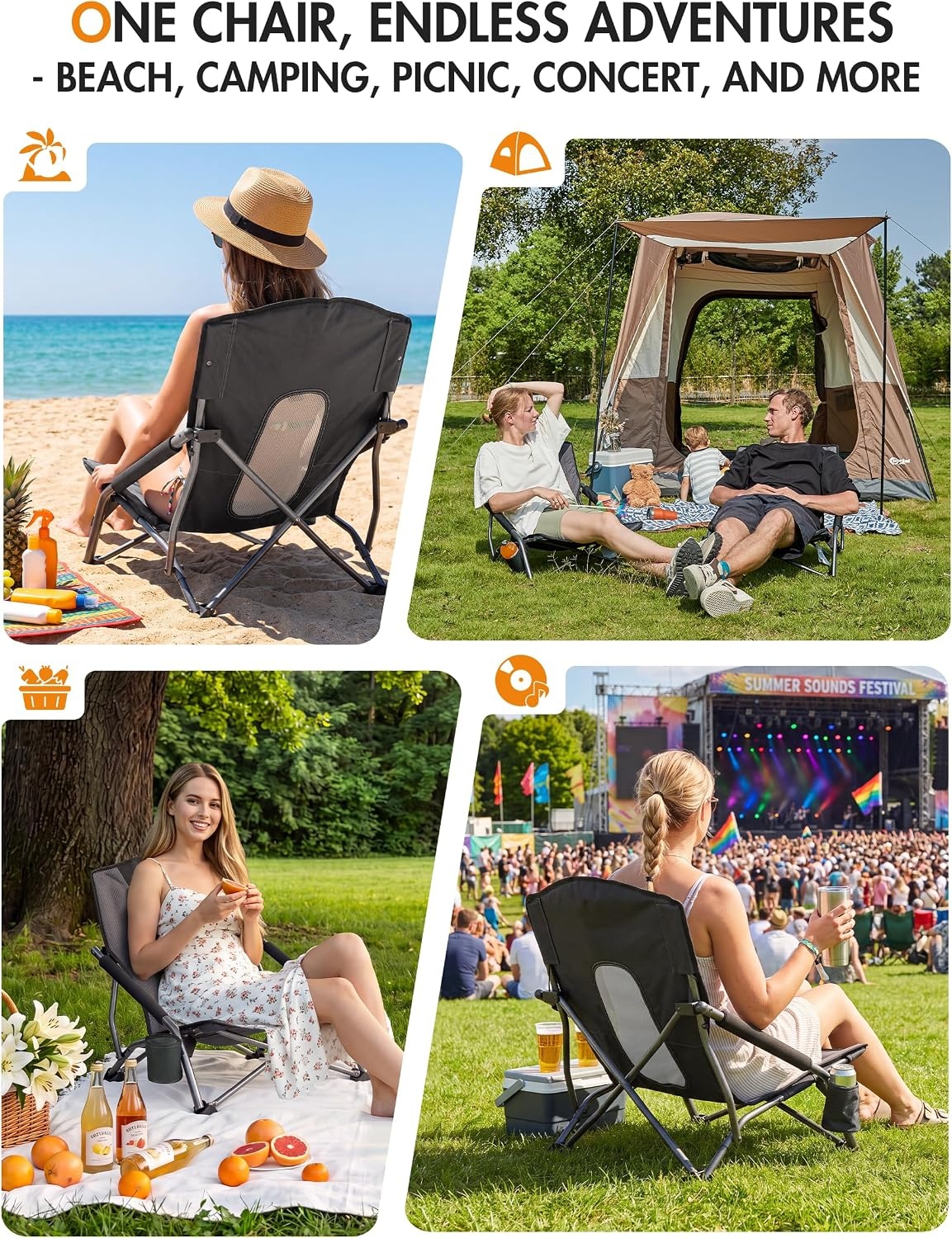image:imagePortal Beach Chairs for Adults Camping Low Lightweight Portable Chair with Cup Holder Mesh Back Carry Bag for Outdoor Sand Lawn Travel Picnic Festival ConcertBlack