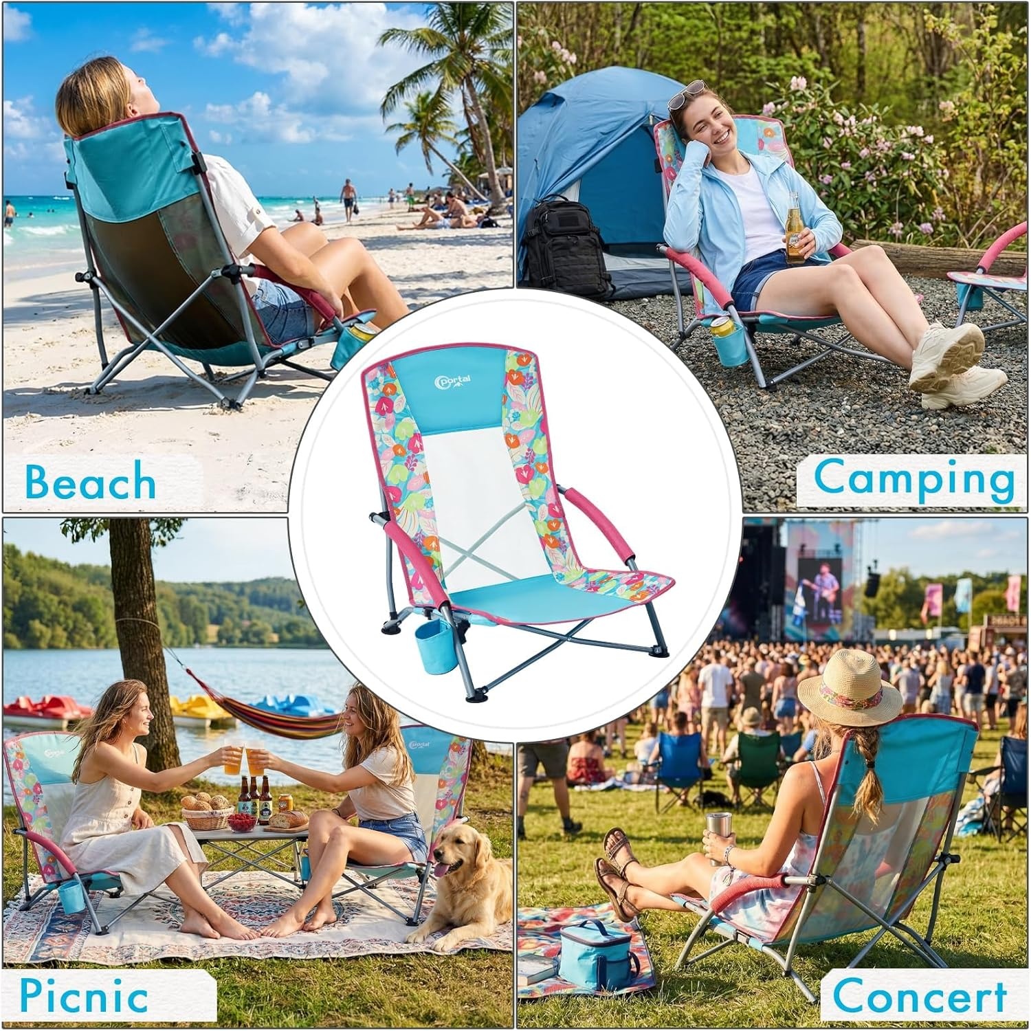image:imagePortal Beach Chairs for Adults Camping Low Lightweight Portable Chair with Cup Holder Mesh Back Carry Bag for Outdoor Sand Lawn Travel Picnic Festival ConcertFloral1 Pck