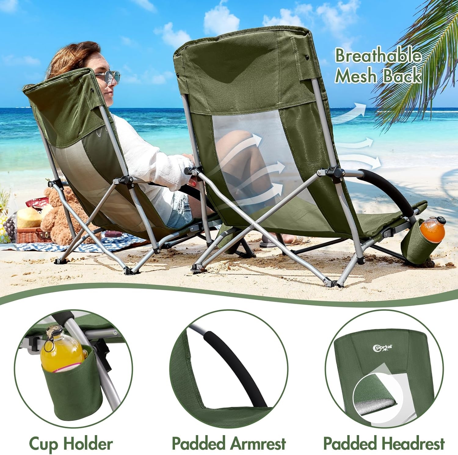 image:imagePortal Beach Chairs for Adults Camping Low Lightweight Portable Chair with Cup Holder Mesh Back Carry Bag for Outdoor Sand Lawn Travel Picnic Festival ConcertGreen