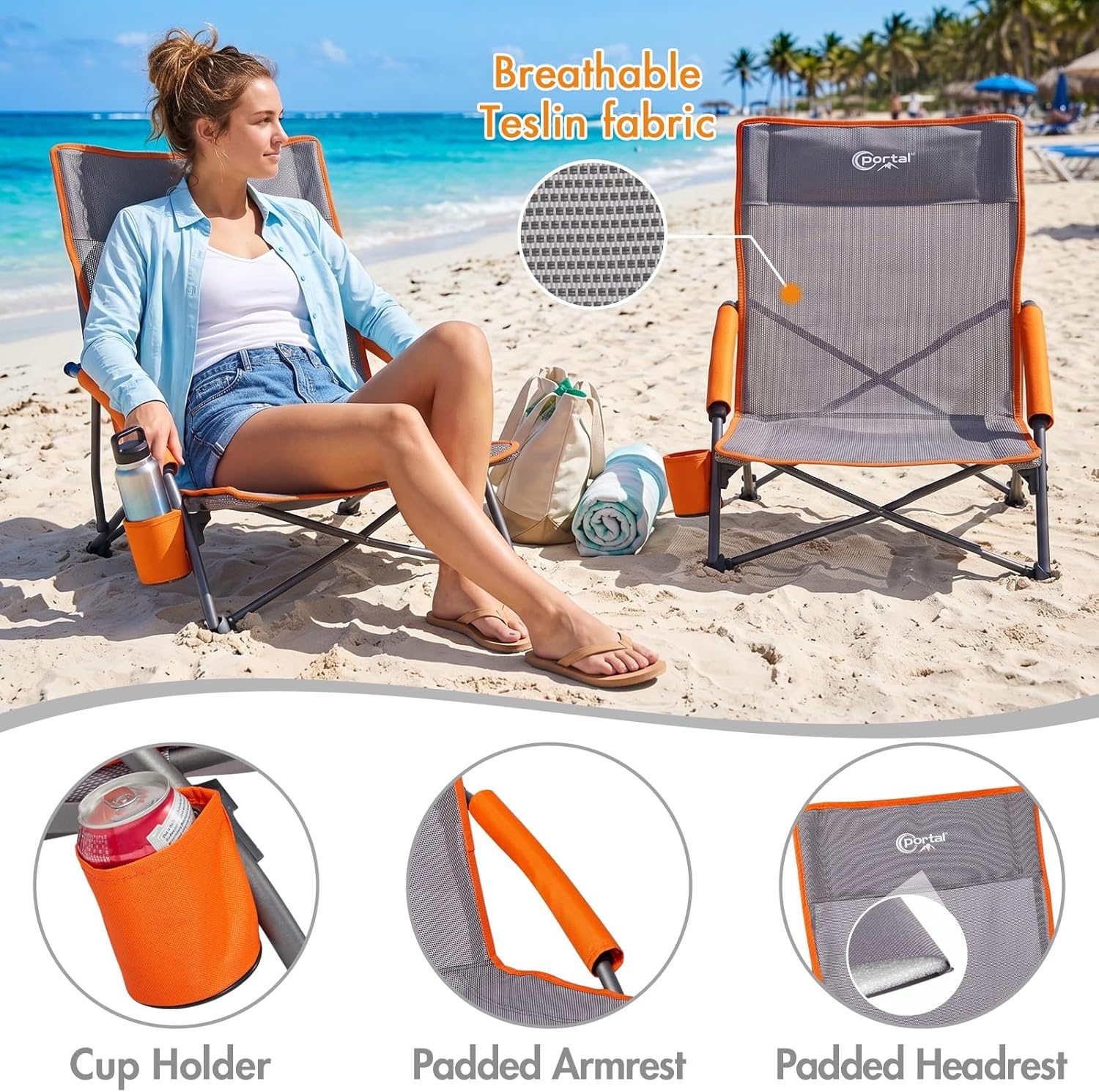image:imagePortal Beach Chairs for Adults Camping Low Lightweight Portable Chair with Cup Holder Mesh Back Carry Bag for Outdoor Sand Lawn Travel Picnic Festival ConcertTeslin Grey1 Pack