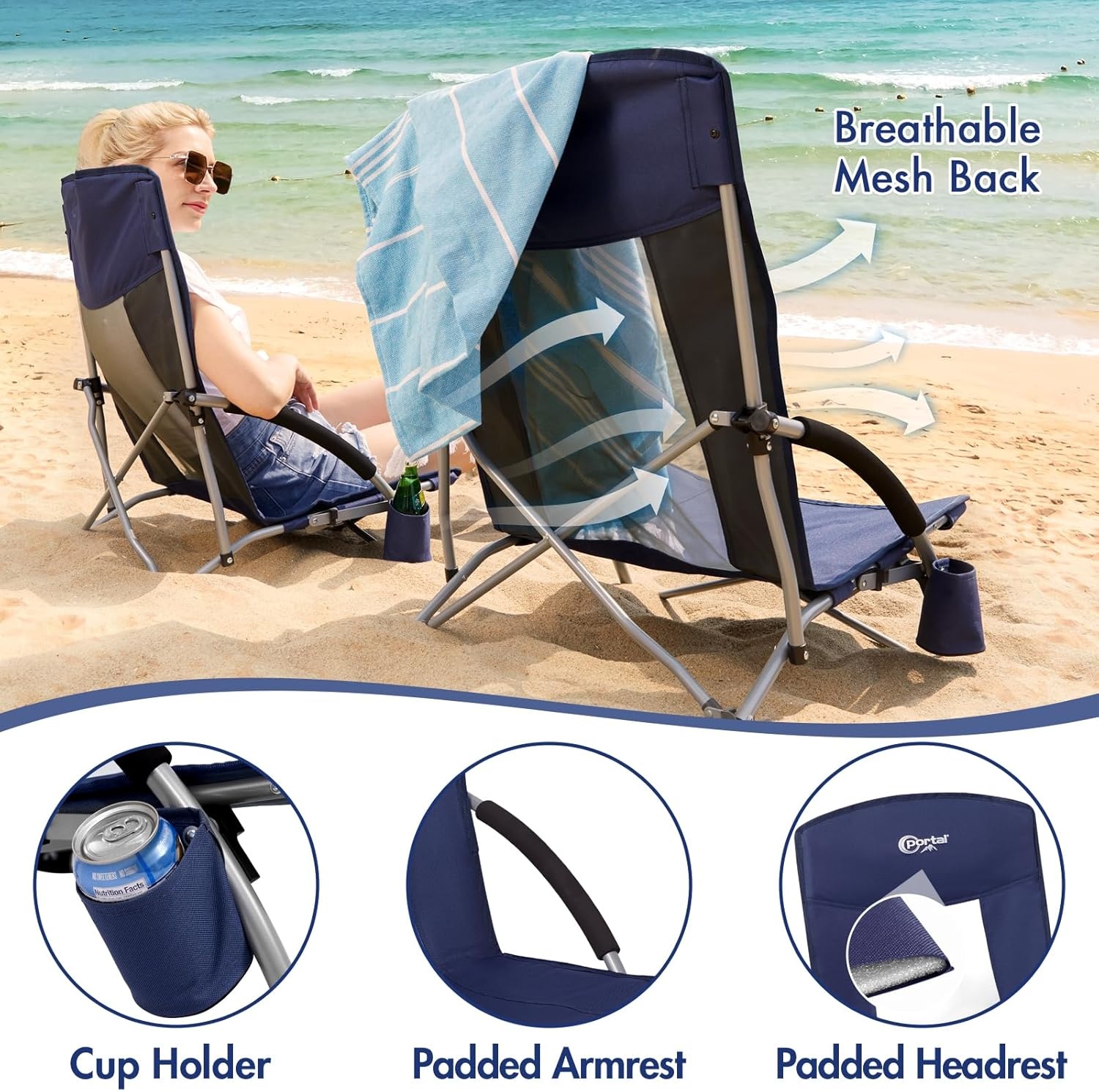 image:imagePortal Beach Chairs for Adults Camping Low Lightweight Portable Chair with Cup Holder Mesh Back Carry Bag for Outdoor Sand Lawn Travel Picnic Festival ConcertDeep Blue2 Pck