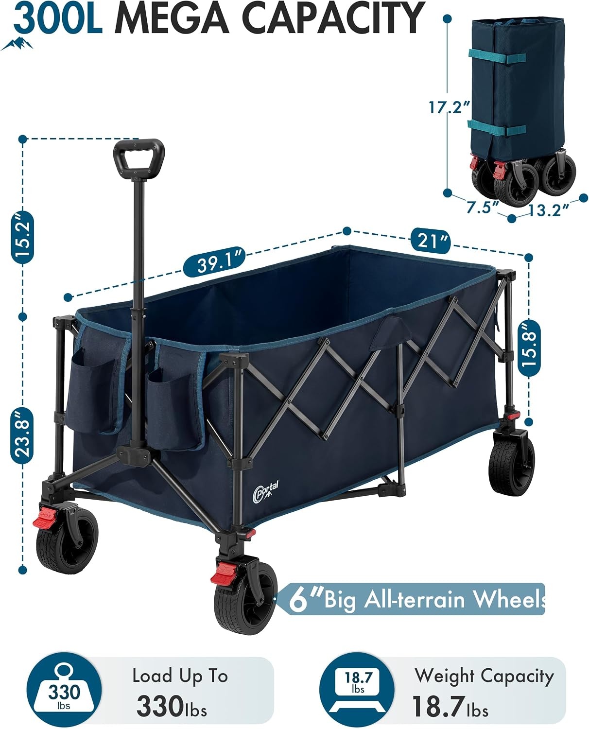 image:imagePortal Collapsible Wagon Cart Foldable Wagon with Big Wheels 300L Extra Large Wagon187lbs Lightweight Utility Wagon Heavy Duty Wagon for Beach Camping Sports Garden BlackBlue