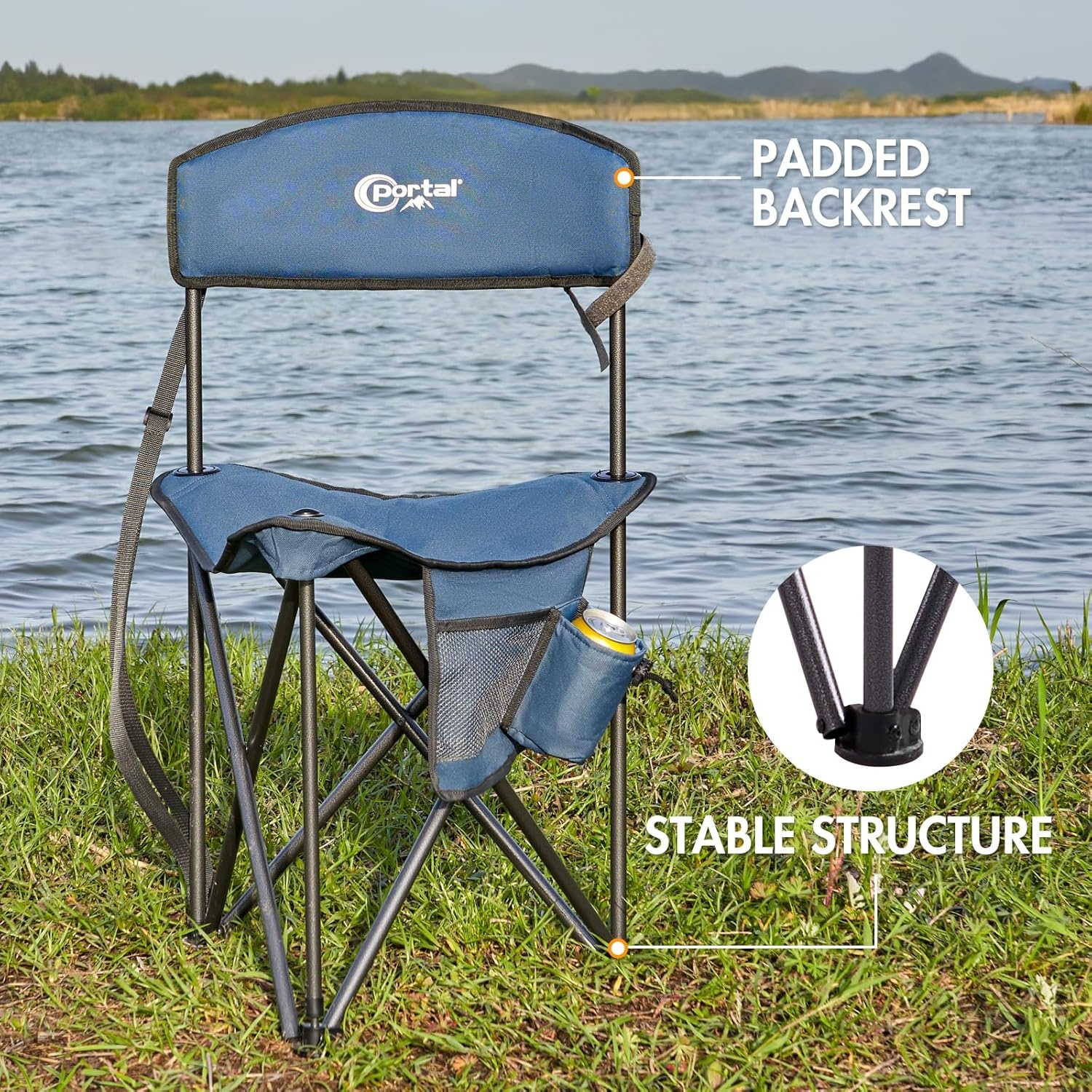 image:imagePortal Extra Large Quick Folding Tripod Stool with Backrest Fishing Camping Chair with Carry StrapBlue