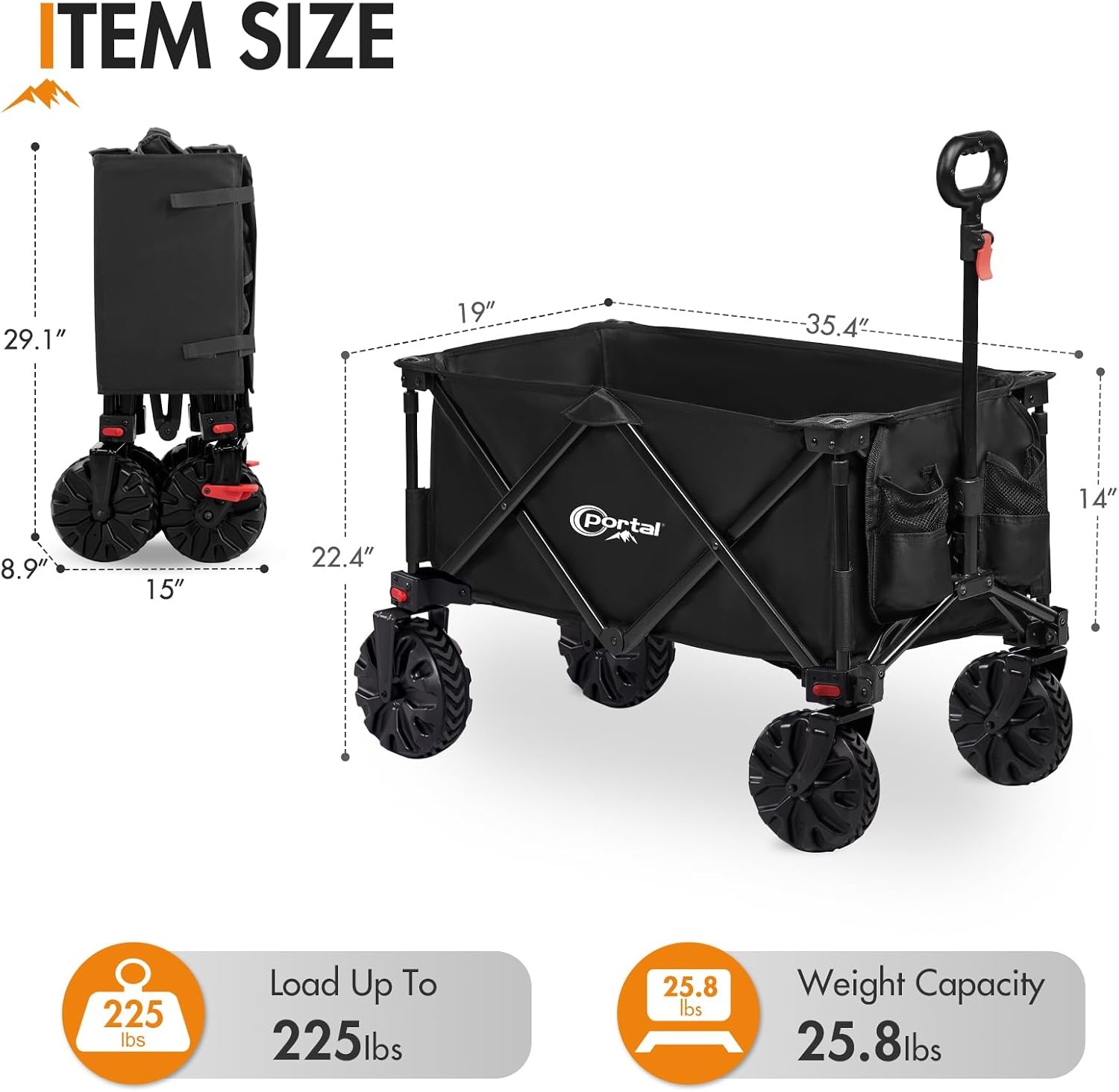 image:imagePortal HeavyDuty Folding Wagon Cart Large Collapsible Utility Wagon with AllTerrain Wheels for Beach Camping Garden amp GroceryBlack