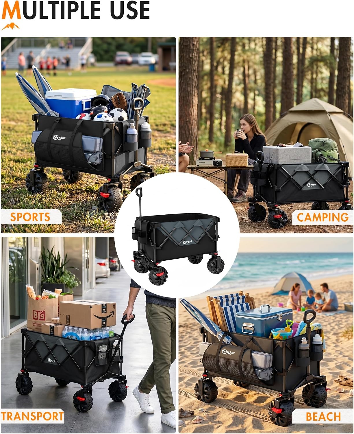 image:imagePortal HeavyDuty Folding Wagon Cart Large Collapsible Utility Wagon with AllTerrain Wheels for Beach Camping Garden amp GroceryBlack