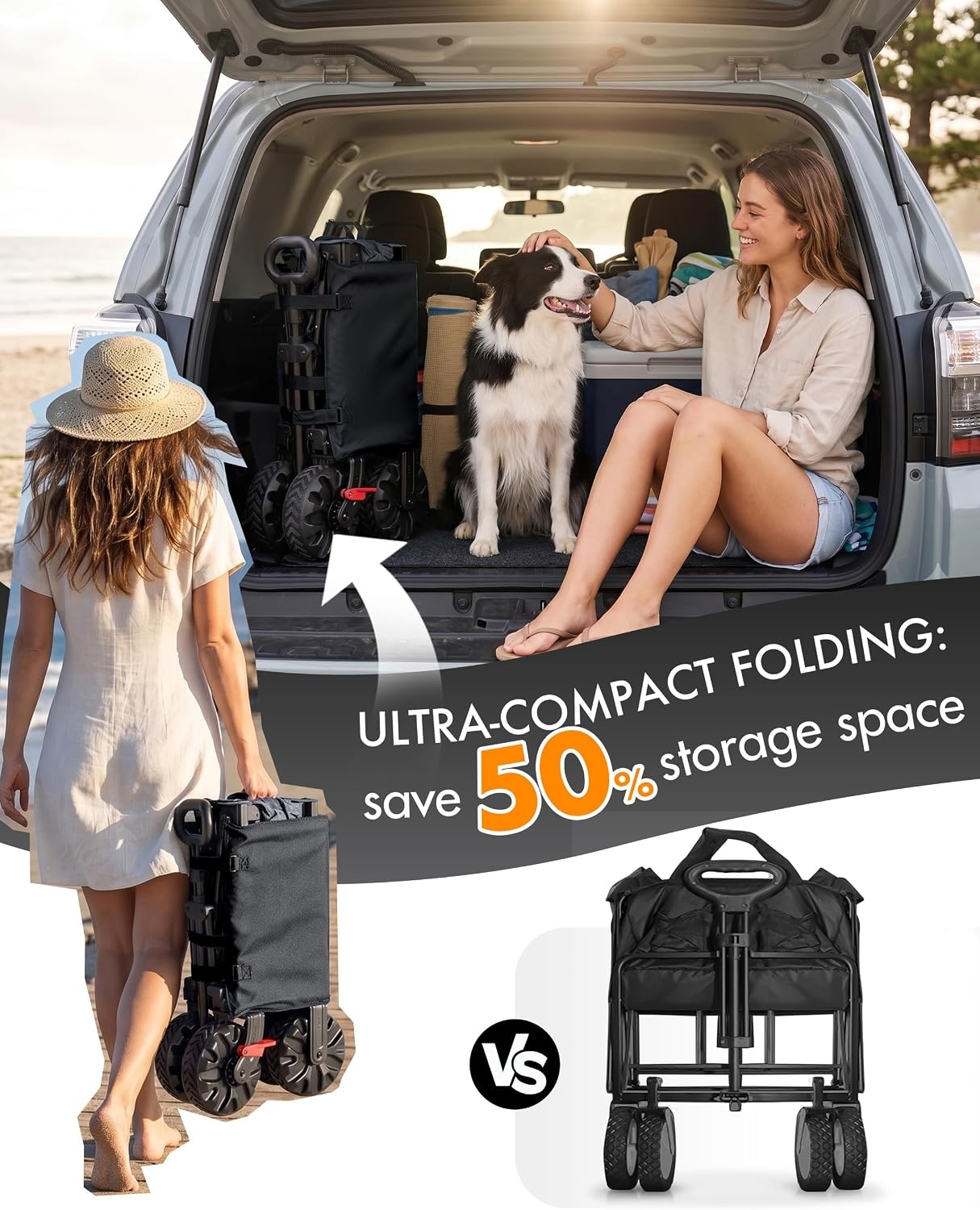 image:imagePortal HeavyDuty Folding Wagon Cart Large Collapsible Utility Wagon with AllTerrain Wheels for Beach Camping Garden amp GroceryBlack
