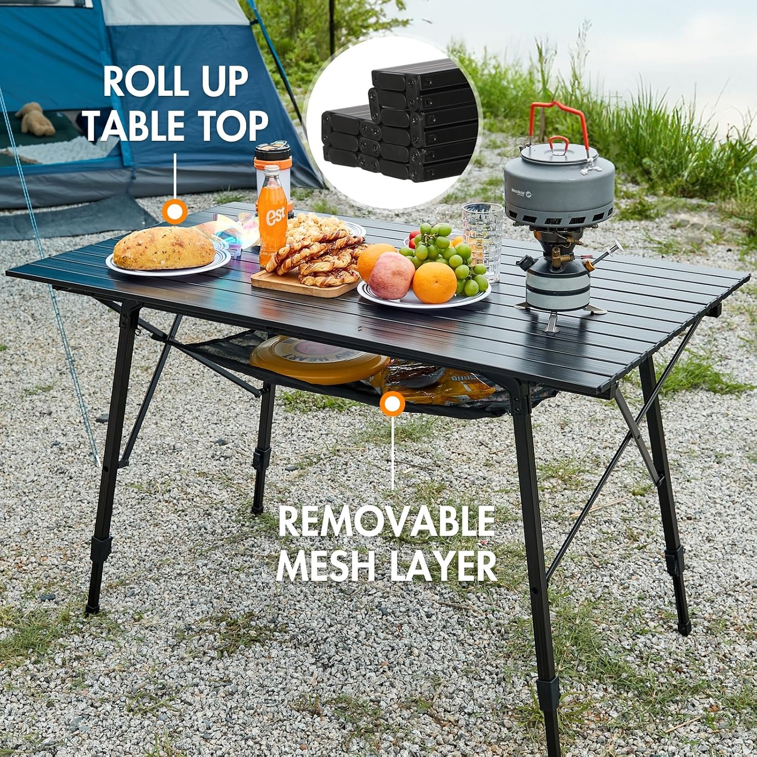 image:imagePortal Outdoor Folding Portable Picnic Camping Table with Adjustable Height Aluminum Roll Up Table Top Mesh Layer SilverBlack
