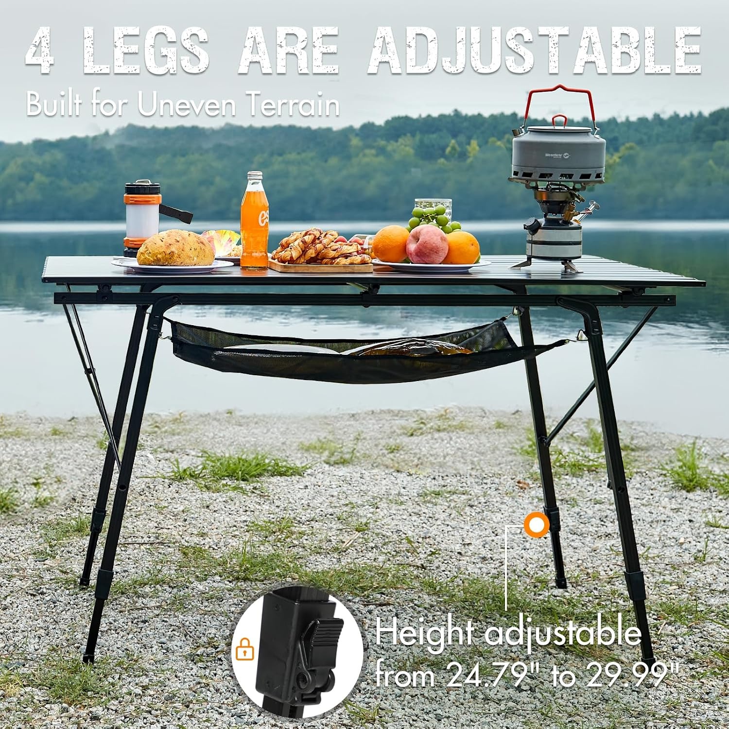 image:imagePortal Outdoor Folding Portable Picnic Camping Table with Adjustable Height Aluminum Roll Up Table Top Mesh Layer SilverBlack