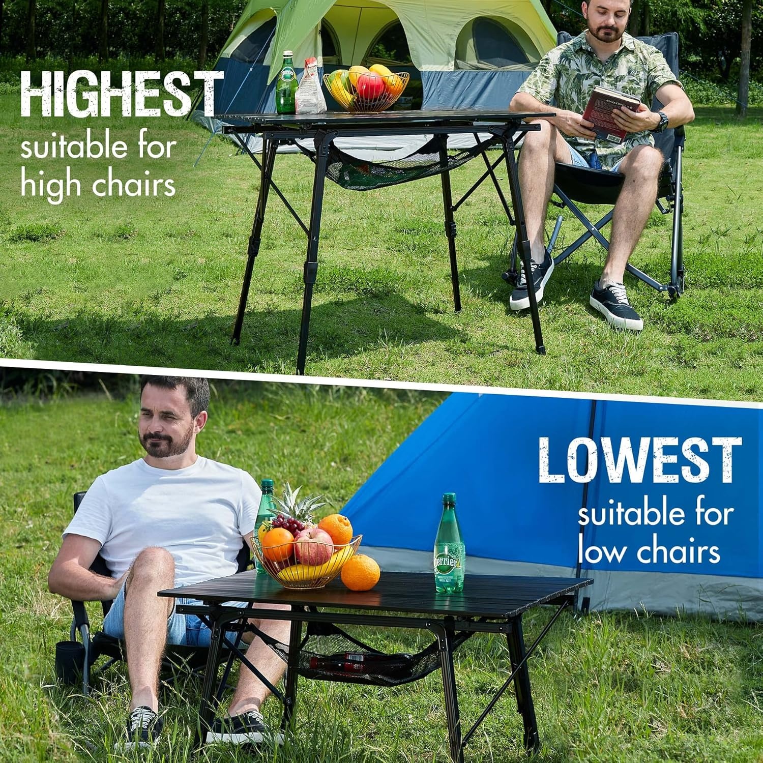 image:imagePortal Outdoor Folding Portable Picnic Camping Table with Adjustable Height Aluminum Roll Up Table Top Mesh Layer SilverBlack