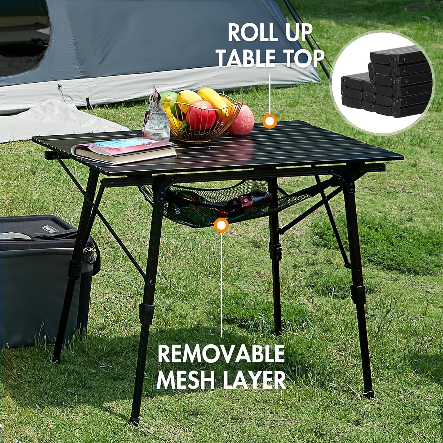 image:imagePortal Outdoor Folding Portable Picnic Camping Table with Adjustable Height Aluminum Roll Up Table Top Mesh Layer SilverBlack