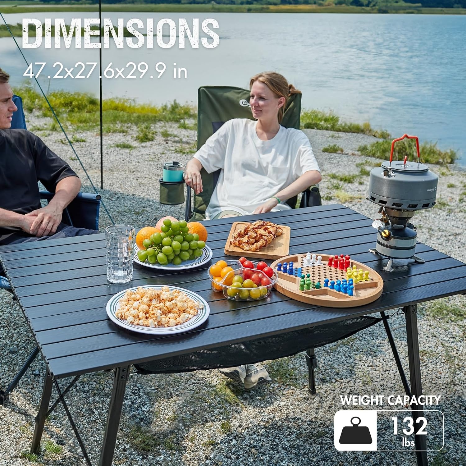 image:imagePortal Outdoor Folding Portable Picnic Camping Table with Adjustable Height Aluminum Roll Up Table Top Mesh Layer SilverBlack