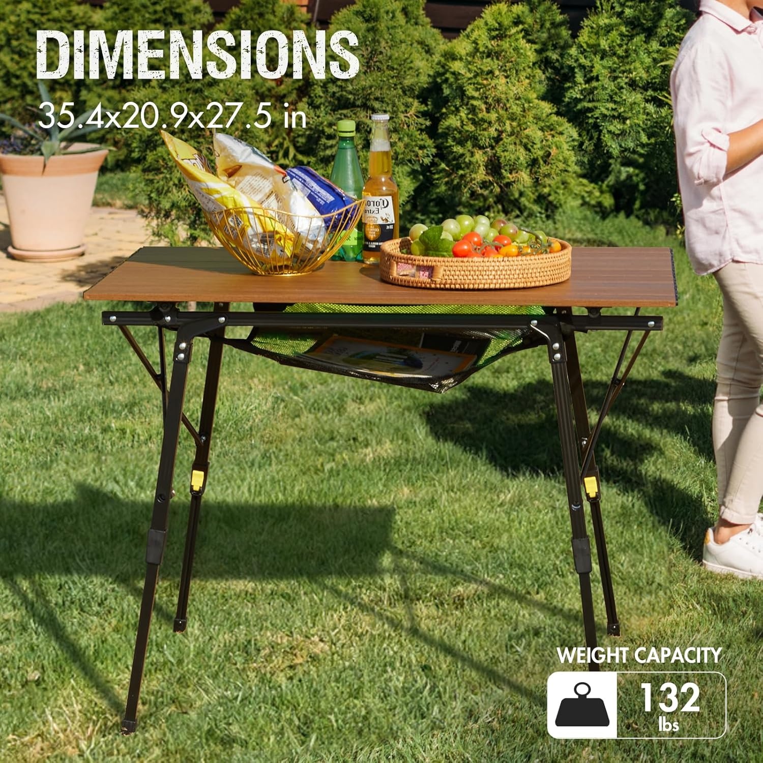 image:imagePortal Outdoor Folding Portable Picnic Camping Table with Adjustable Height Aluminum Roll Up Table Top Mesh Layer SilverBrown