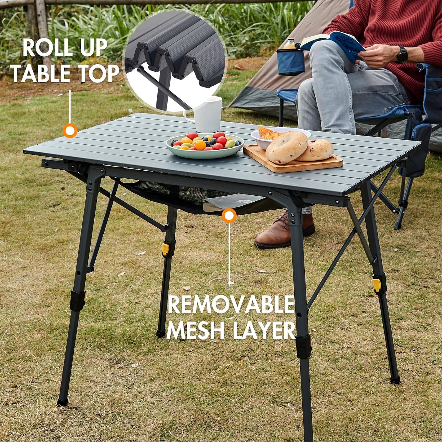 image:imagePortal Outdoor Folding Portable Picnic Camping Table with Adjustable Height Aluminum Roll Up Table Top Mesh Layer SilverDark Gray