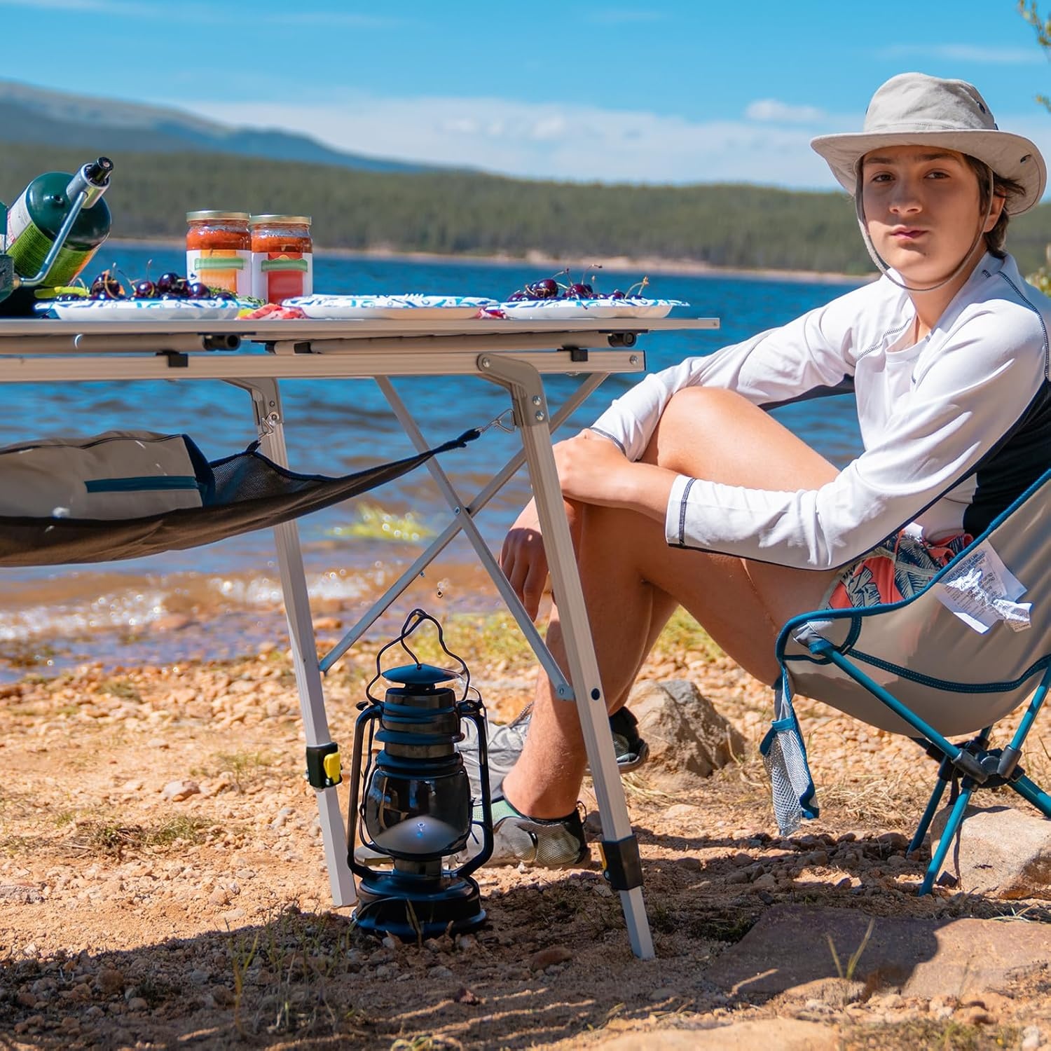 image:imagePortal Outdoor Folding Portable Picnic Camping Table with Adjustable Height Aluminum Roll Up Table Top Mesh Layer SilverSilver
