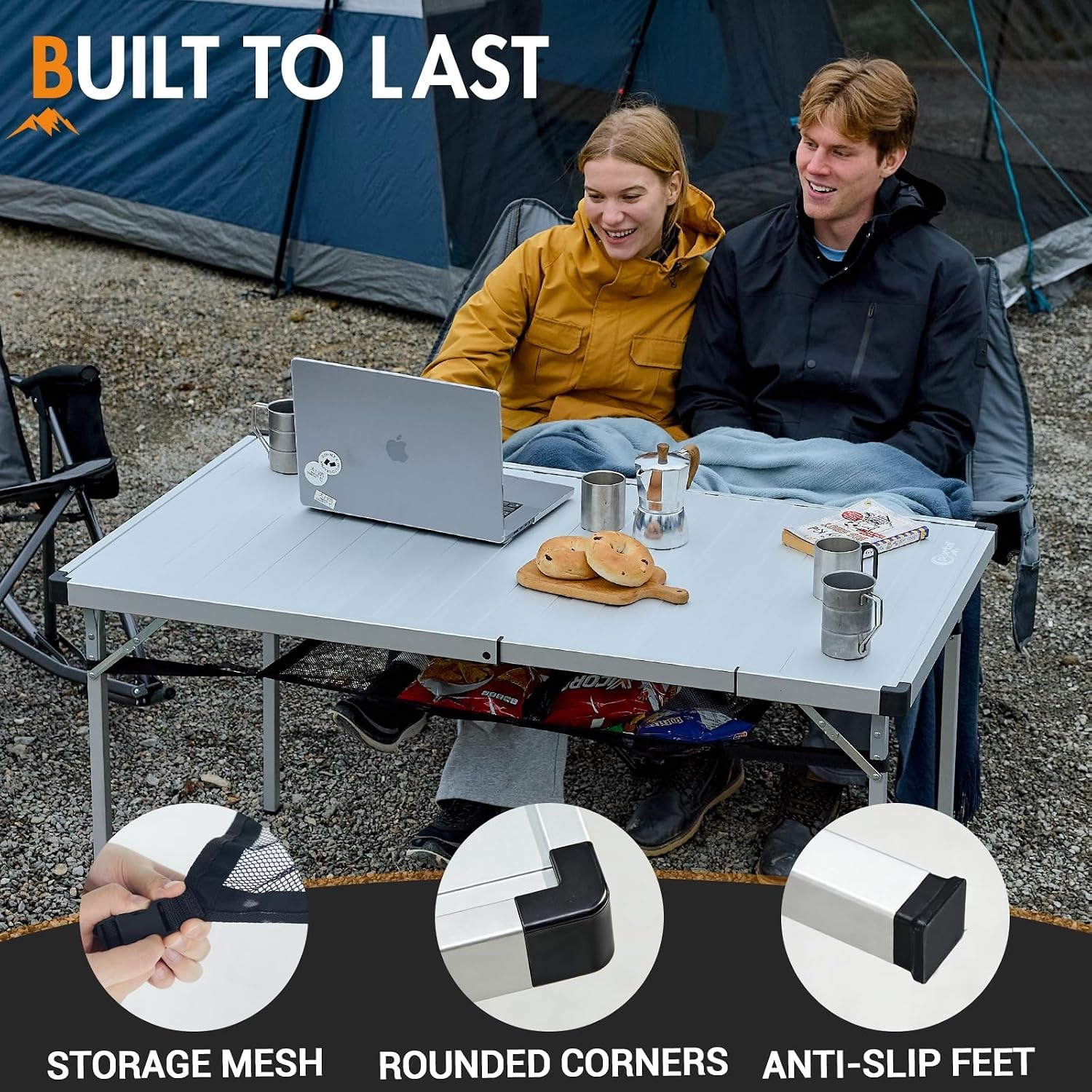 image:imagePortal Outdoor Folding Portable Picnic Camping Table with Adjustable Height Aluminum Roll Up Table Top Mesh Layer SilverSilver
