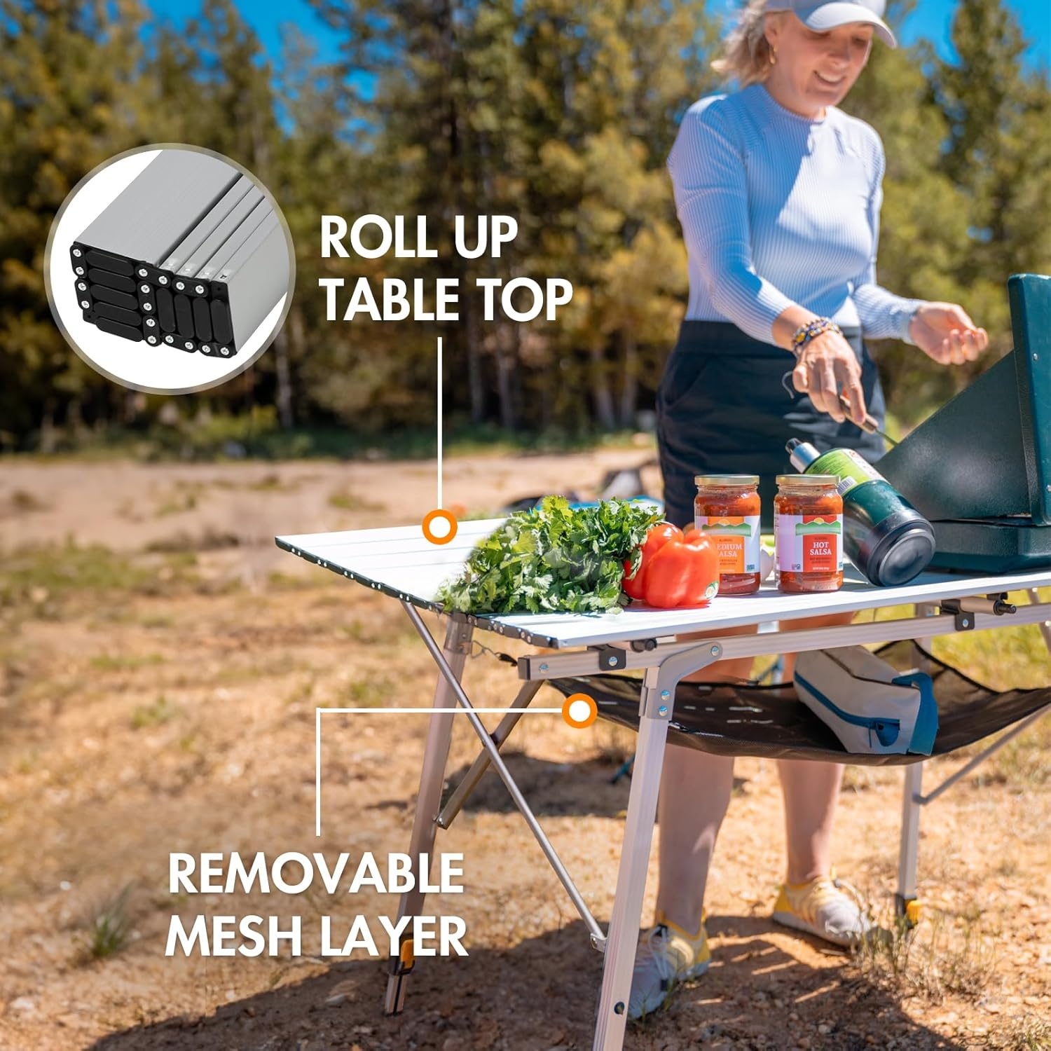 image:imagePortal Outdoor Folding Portable Picnic Camping Table with Adjustable Height Aluminum Roll Up Table Top Mesh Layer SilverSilver