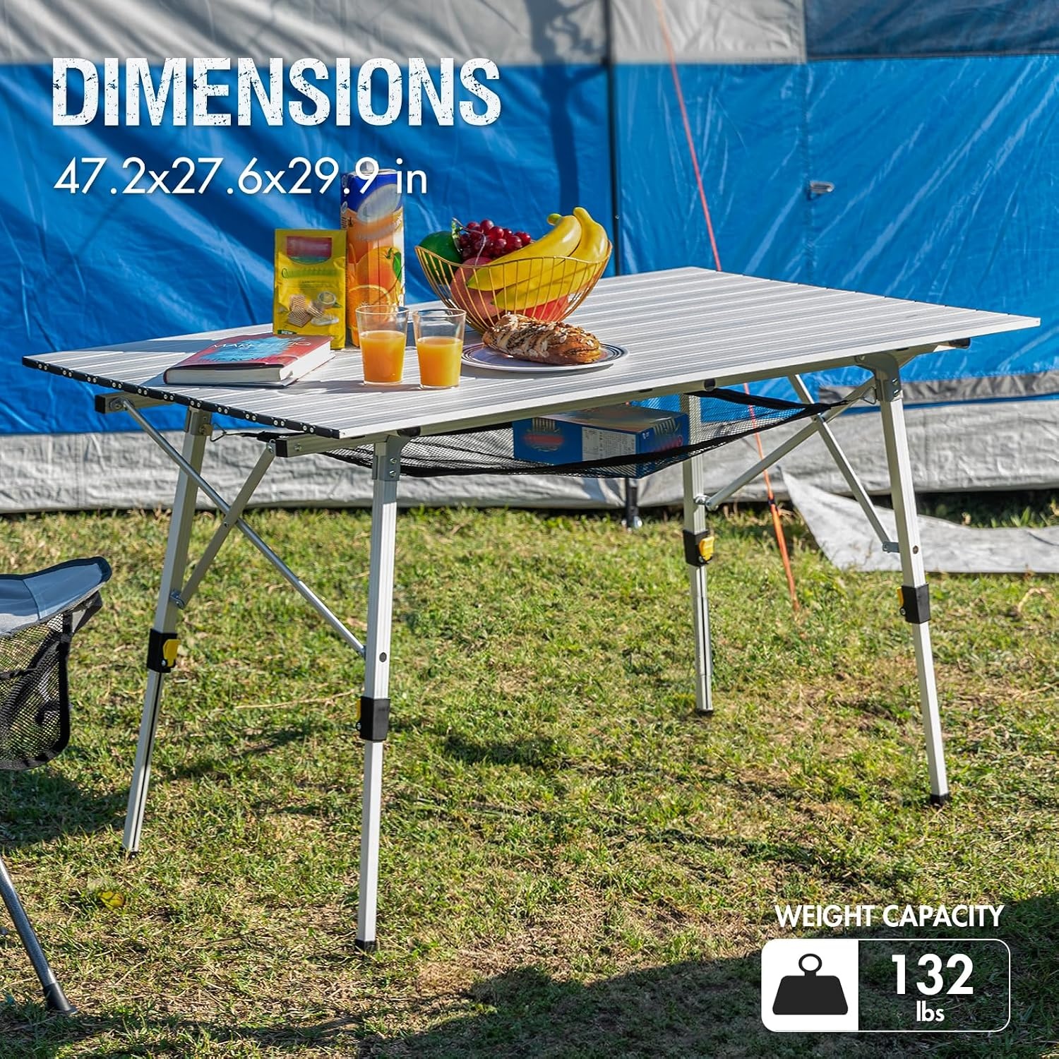 image:imagePortal Outdoor Folding Portable Picnic Camping Table with Adjustable Height Aluminum Roll Up Table Top Mesh Layer SilverSilver