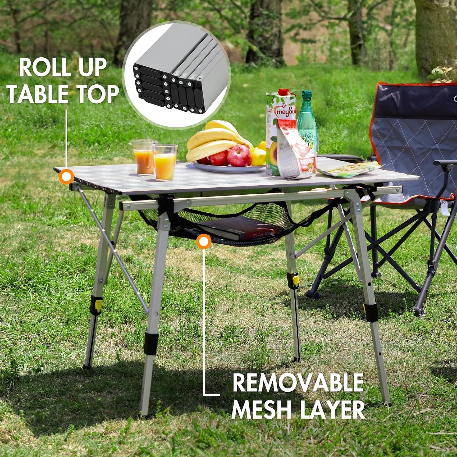 image:imagePortal Outdoor Folding Portable Picnic Camping Table with Adjustable Height Aluminum Roll Up Table Top Mesh Layer SilverSilver