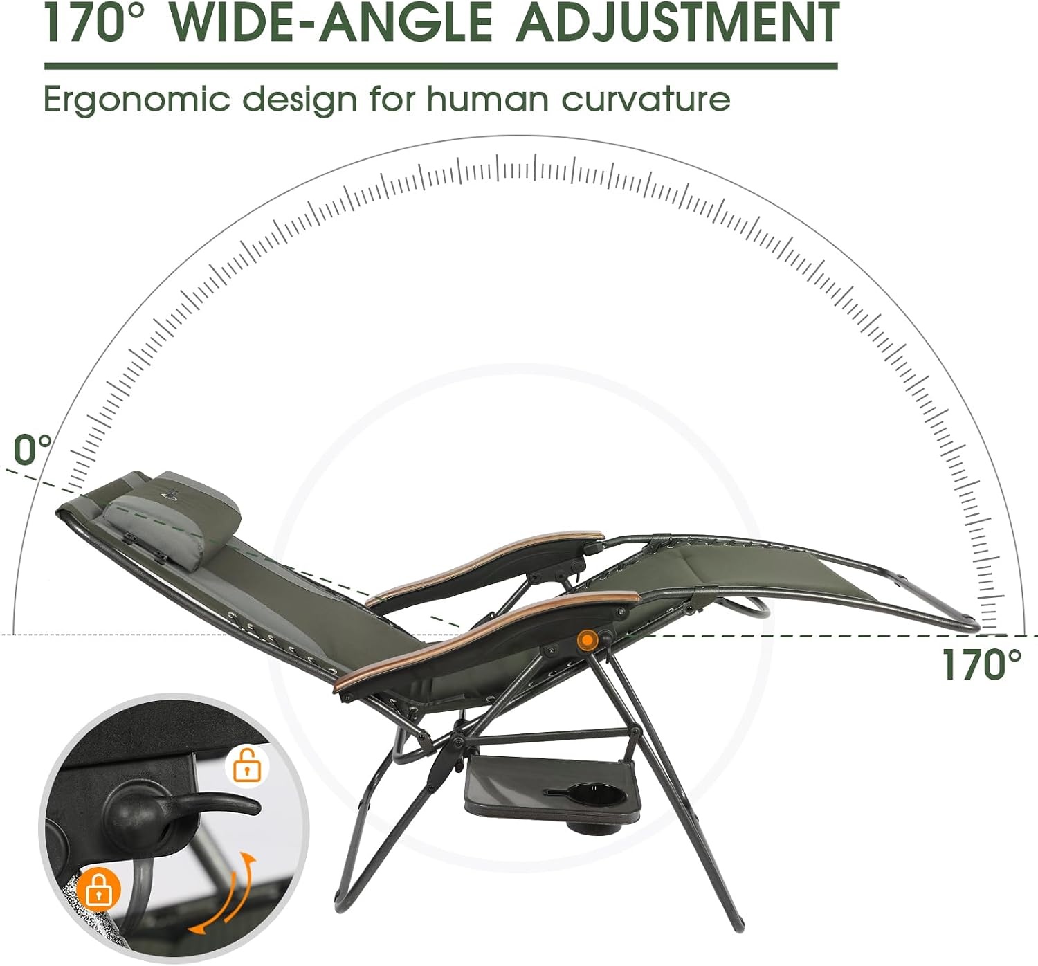 image:imagePortal Portable Zero Gravity Chair Lounge Chair Outdoor Oversized Zero Gravity Chair Folding Lounge Chair with Adjustable Pillows and Cup Holder for Poolside and Lawn Support 350lbs Black 1PackGreyGreen