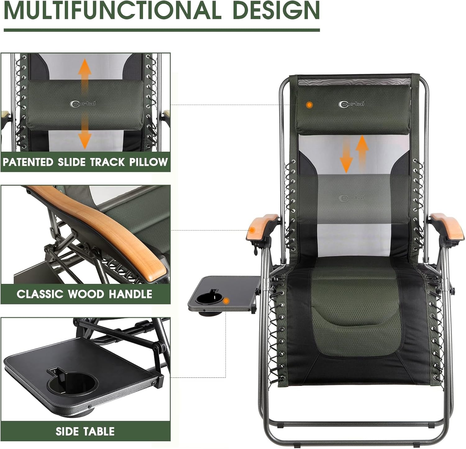 image:imagePortal Portable Zero Gravity Chair Lounge Chair Outdoor Oversized Zero Gravity Chair Folding Lounge Chair with Adjustable Pillows and Cup Holder for Poolside and Lawn Support 350lbs Black 1PackMesh Green